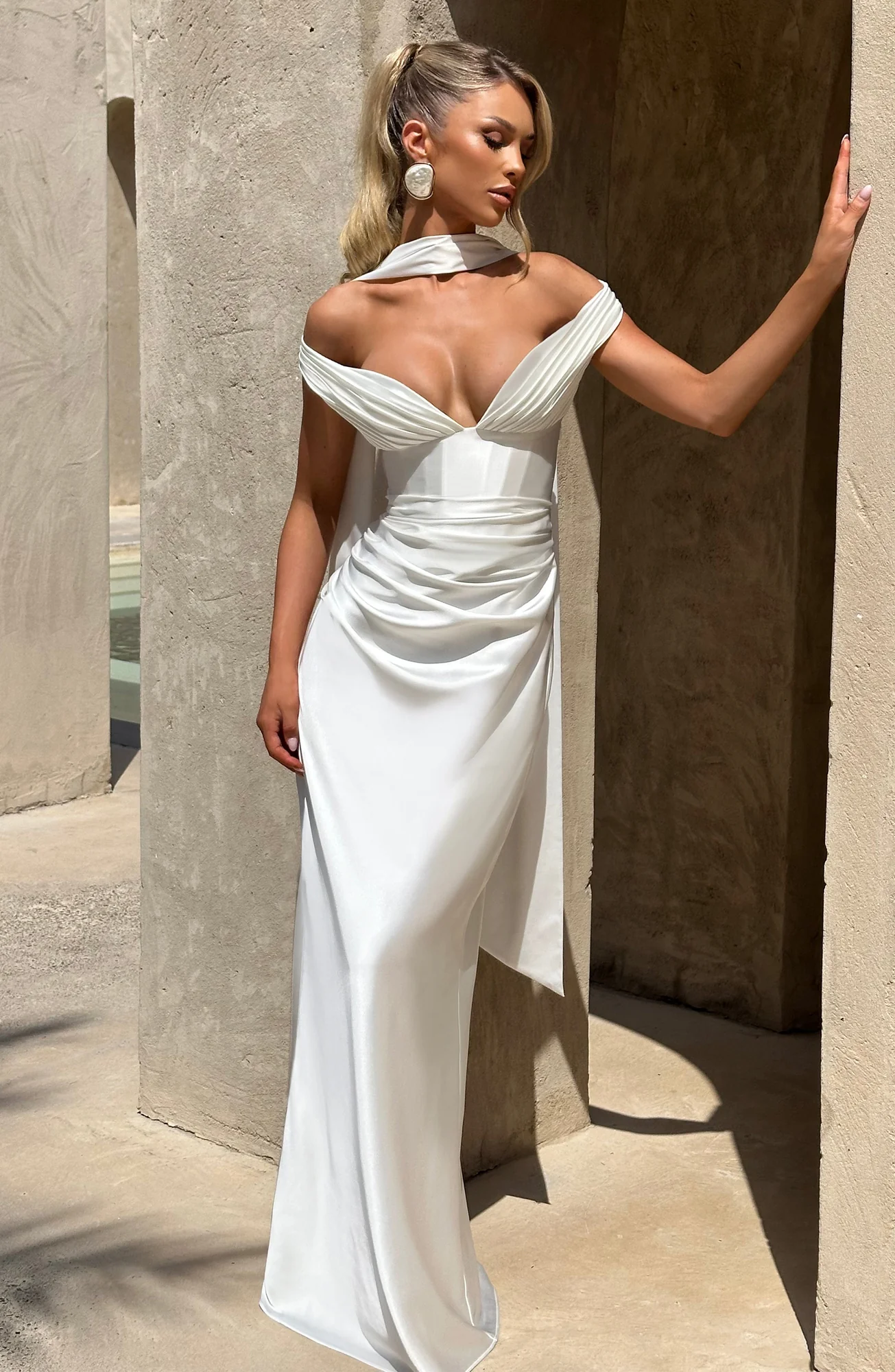Elegant Ivory Maxi Dress with Plunge Bardot Neckline