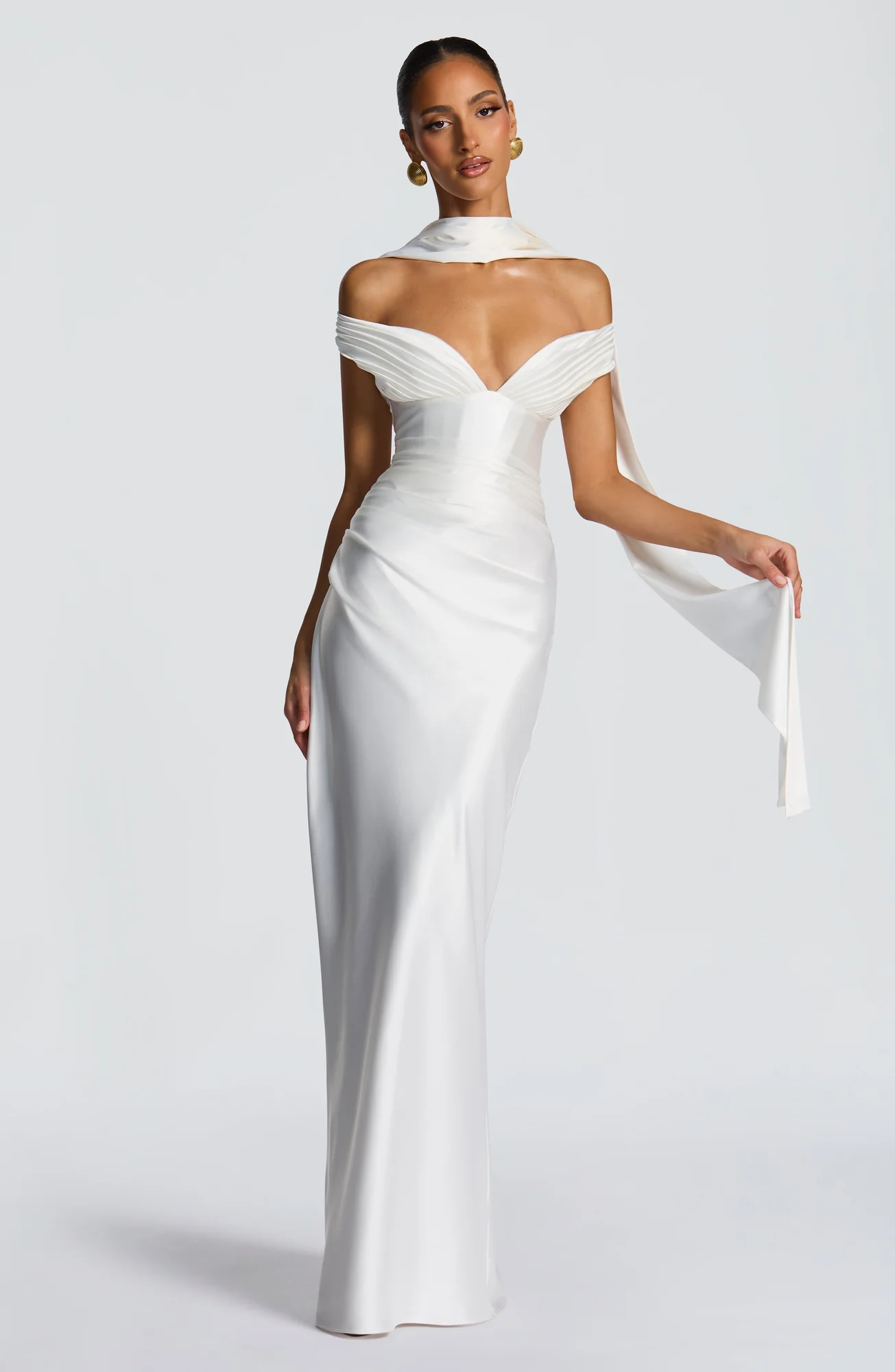 Elegant Ivory Maxi Dress with Plunge Bardot Neckline