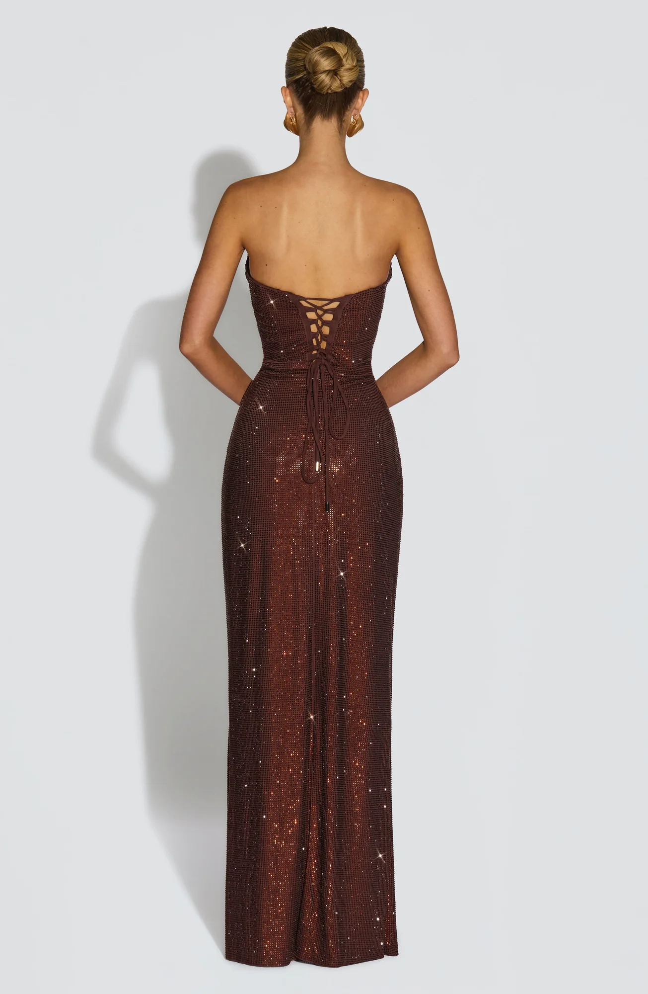 Plum Brown Strapless Maxi Dress with Rhinestone Embellishments