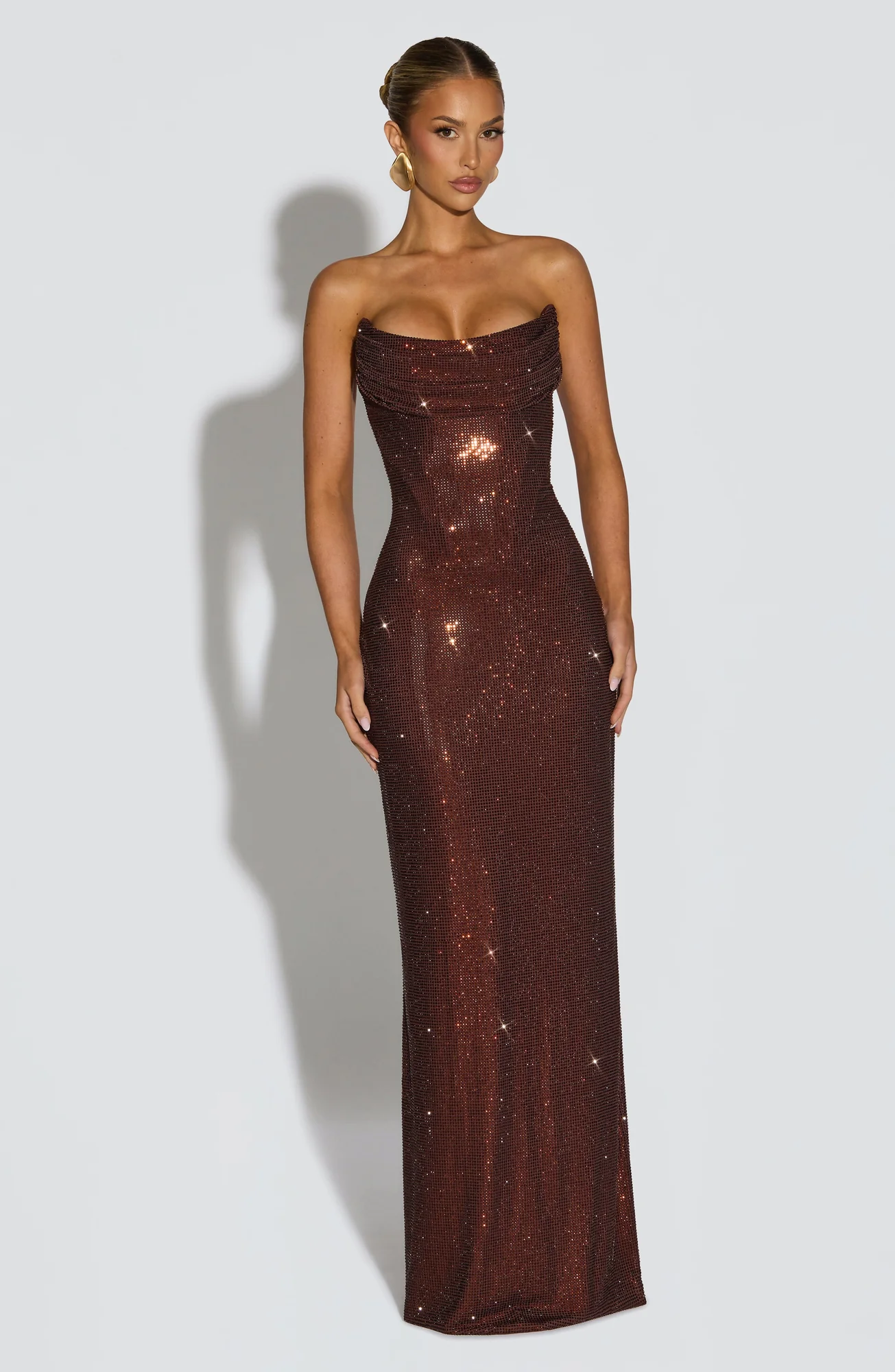 Plum Brown Strapless Maxi Dress with Rhinestone Embellishments