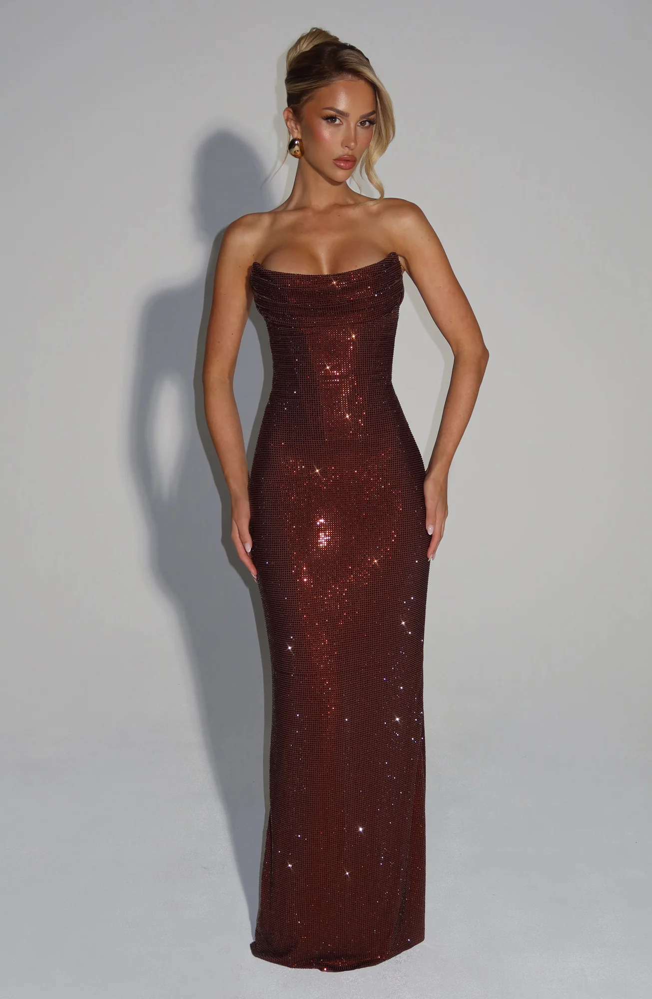 Plum Brown Strapless Maxi Dress with Rhinestone Embellishments