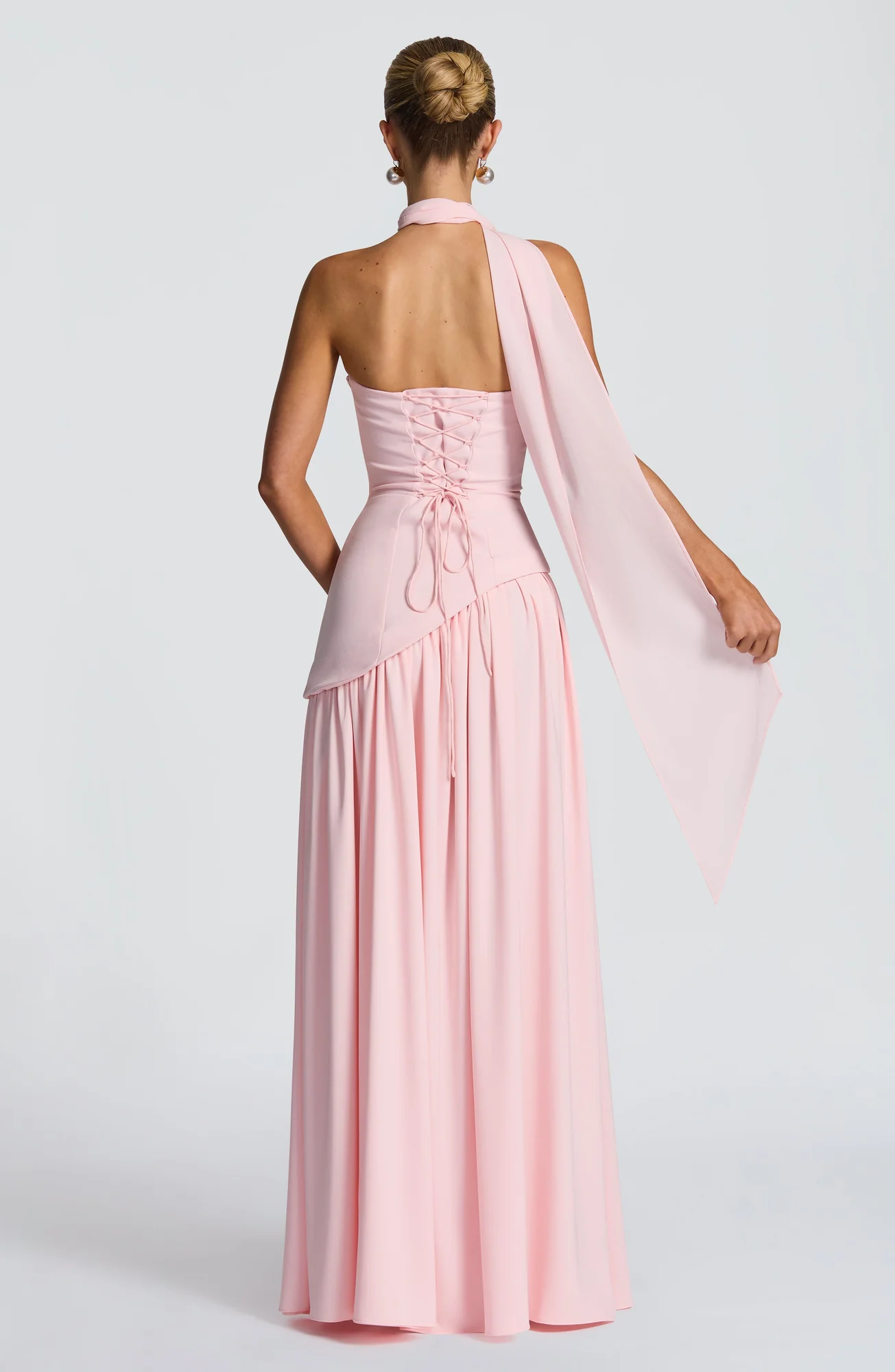 Blush Chiffon Maxi Dress with Lace-Up Back