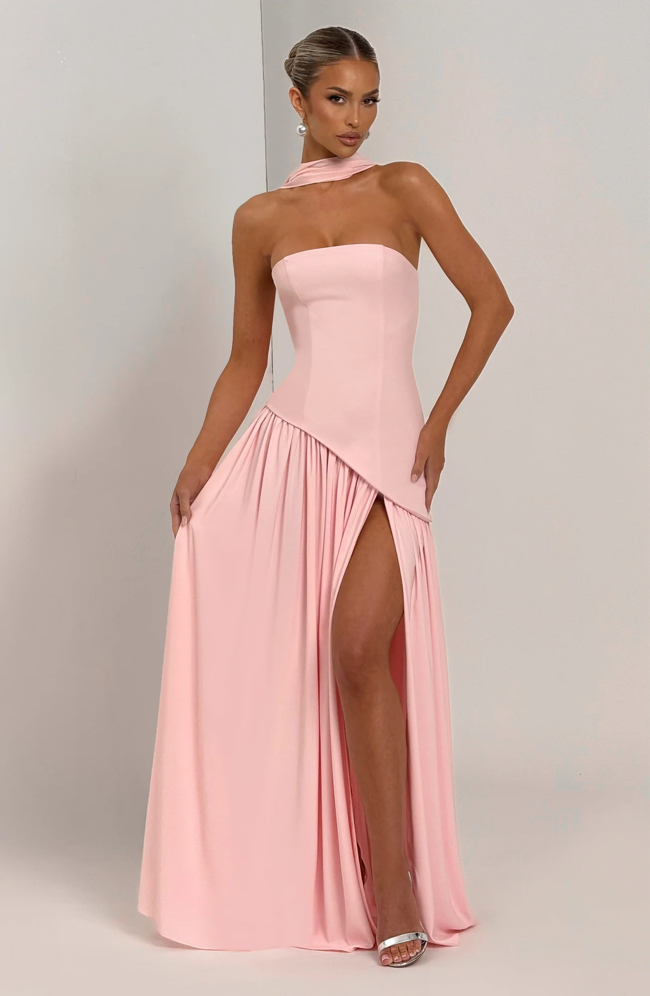 Blush Chiffon Maxi Dress with Lace-Up Back