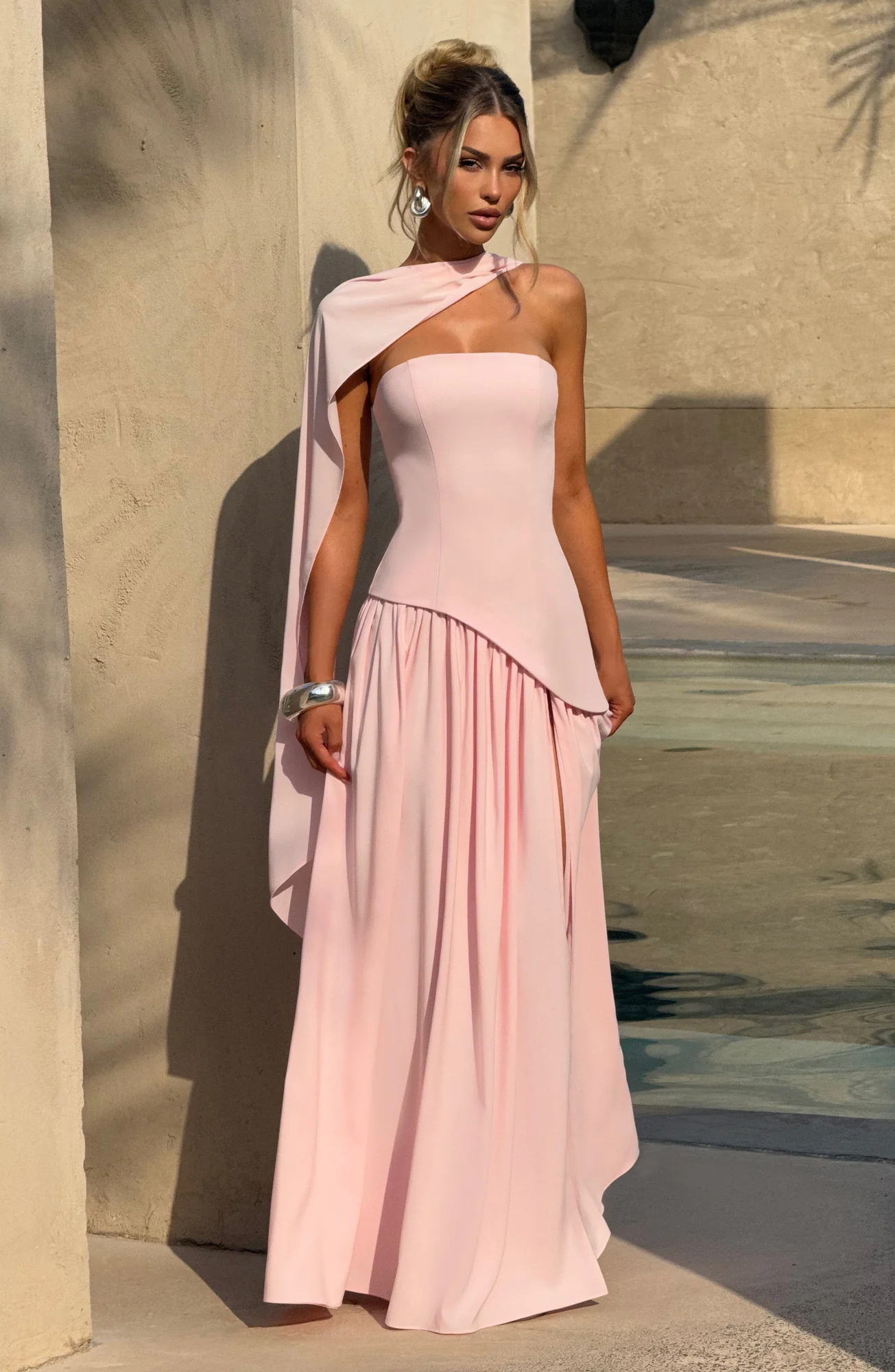 Blush Chiffon Maxi Dress with Lace-Up Back
