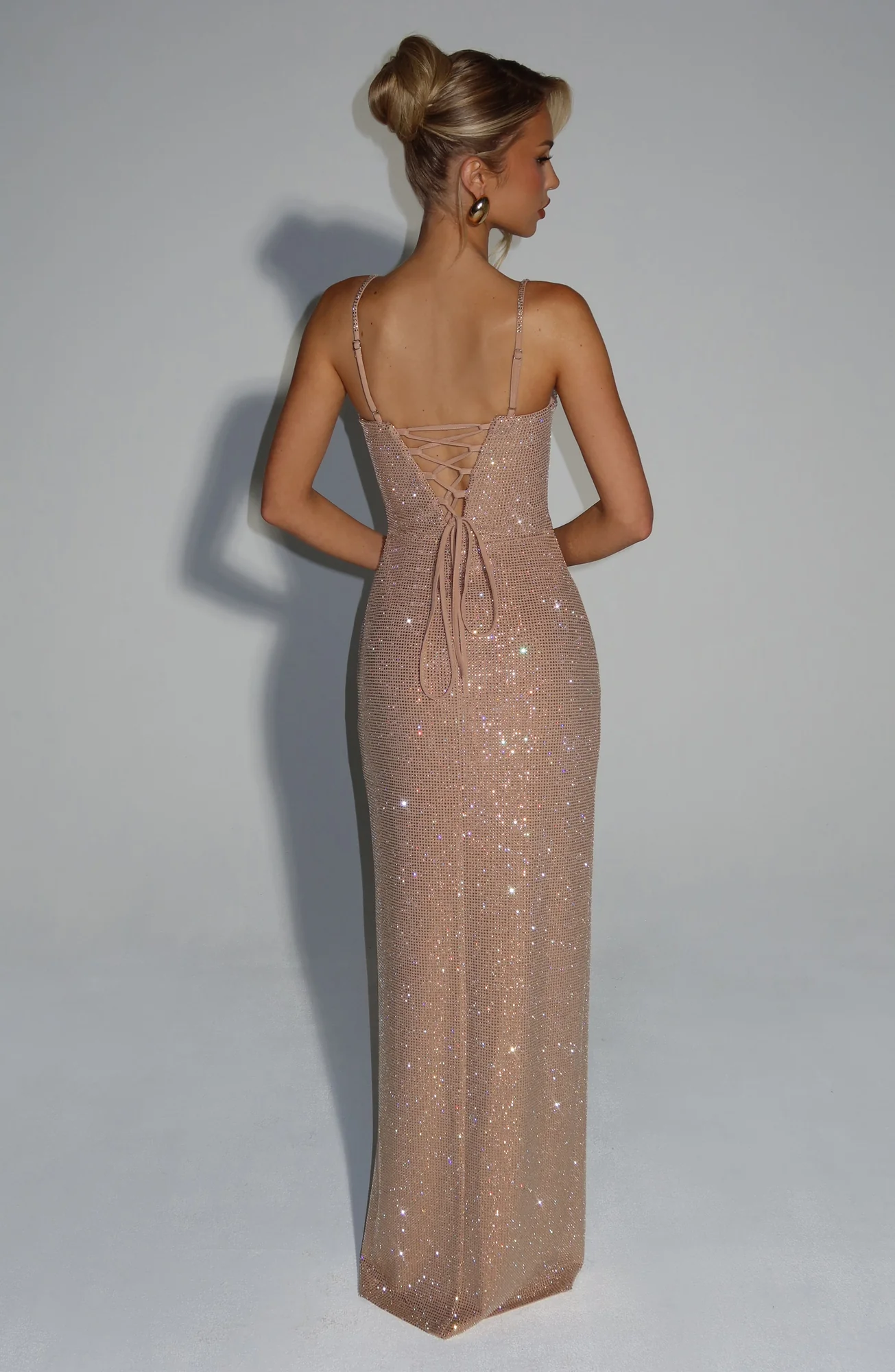 Gold Stretch Crepe Maxi Dress with Rhinestone Embellishments