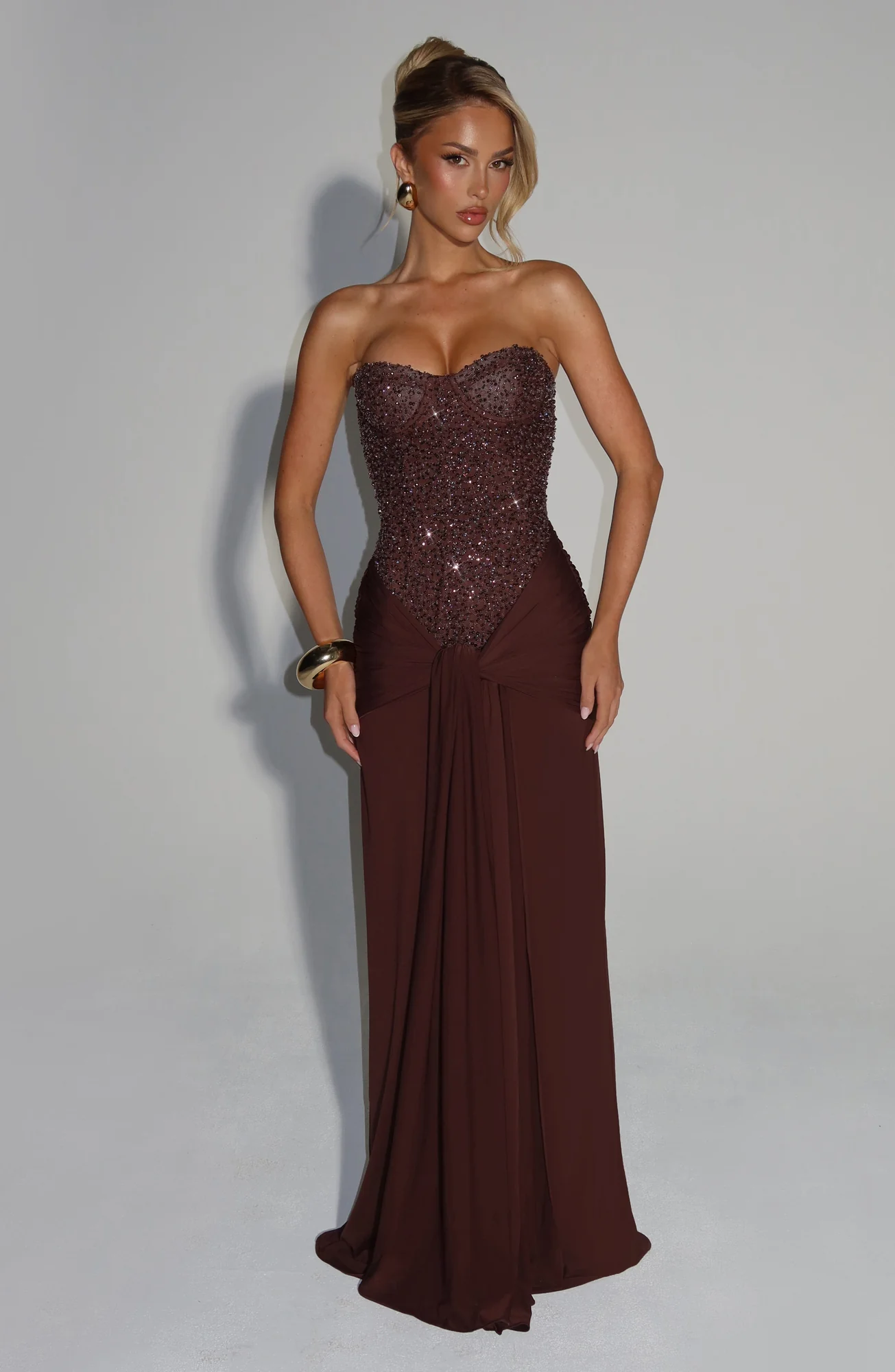 Plum Brown Embellished Maxi Dress with Mesh Bodice