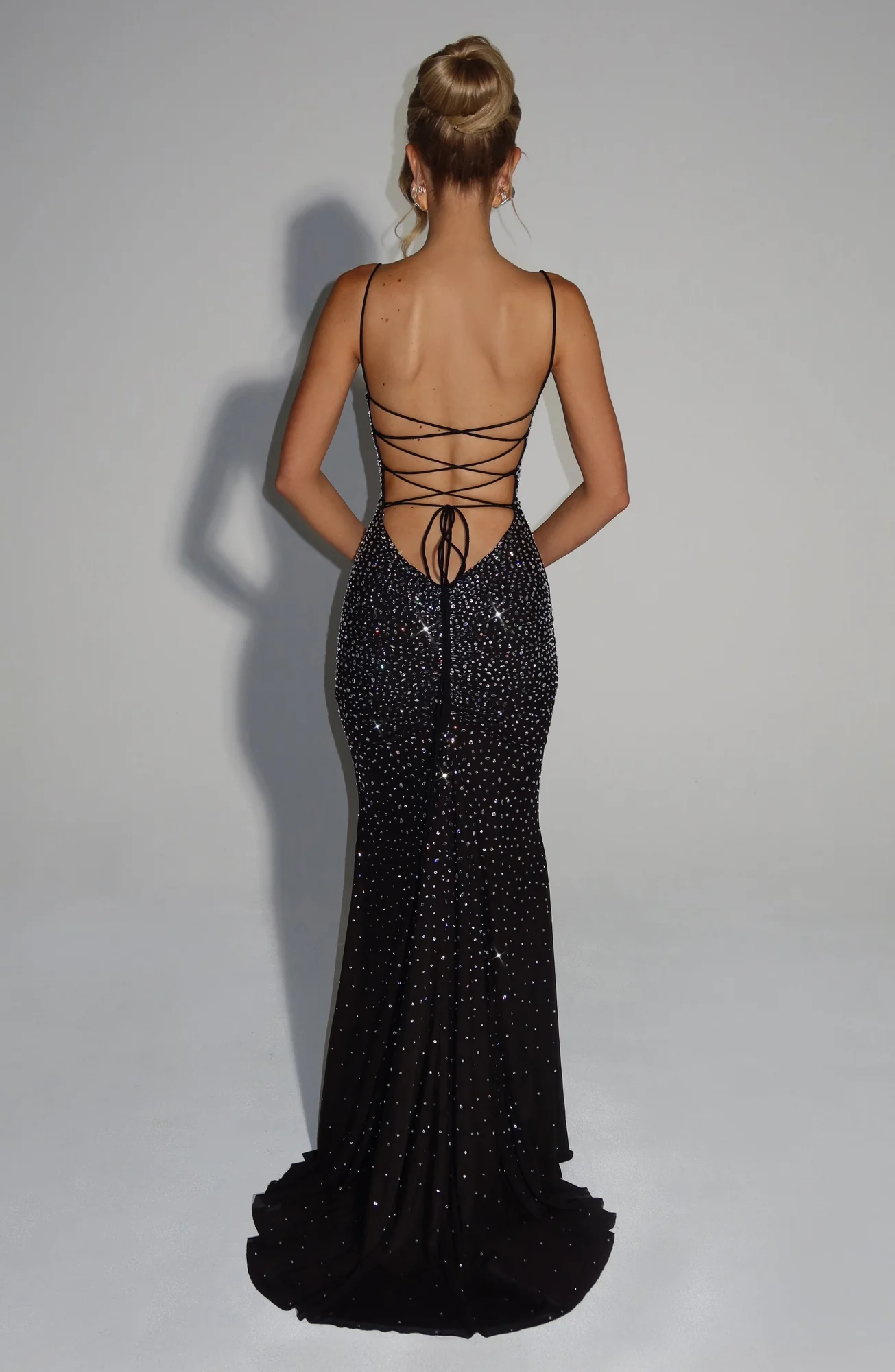 Sophia Black Mesh Rhinestone Embellished Fit-and-Flare Gown
