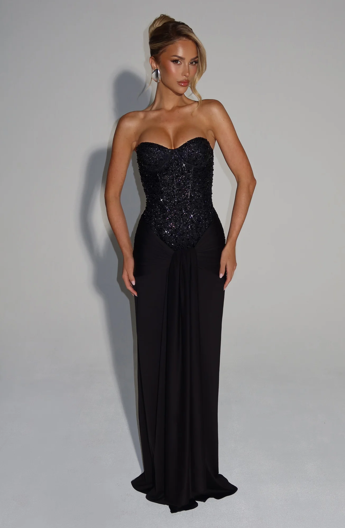 Black Mesh Bodice Maxi Dress with Strapless Neckline
