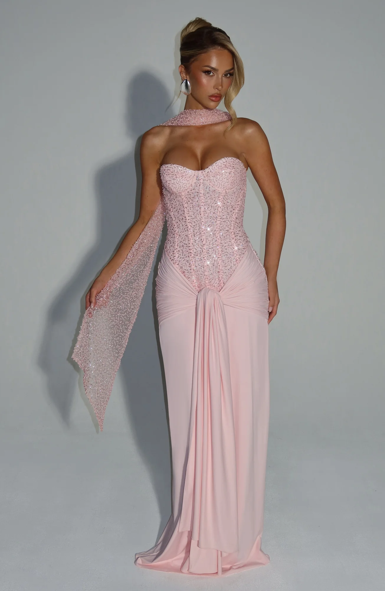 Blush Strapless Maxi Dress with Embellished Mesh Bodice