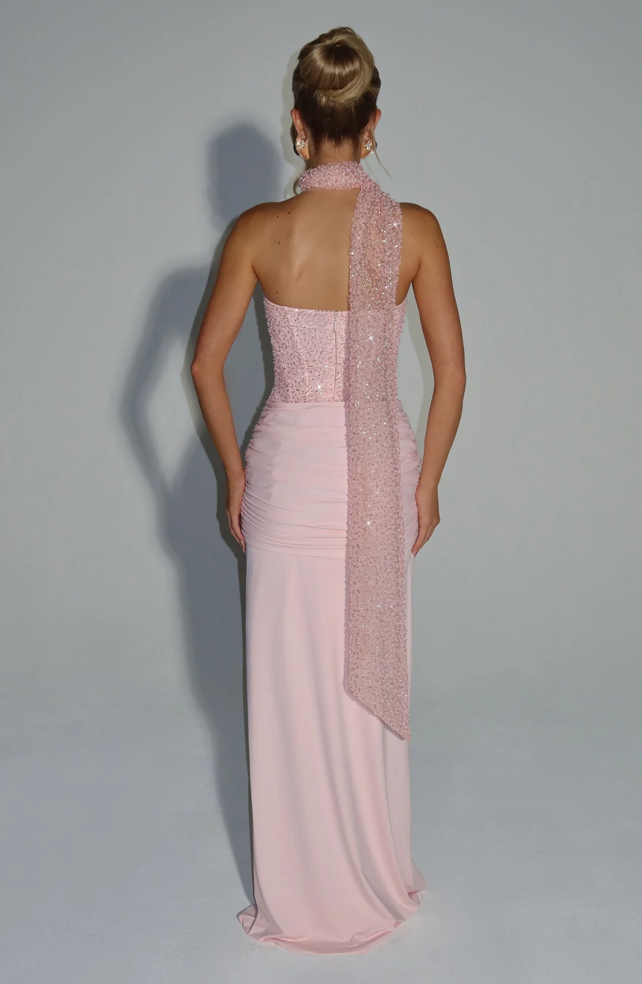 Blush Strapless Maxi Dress with Embellished Mesh Bodice