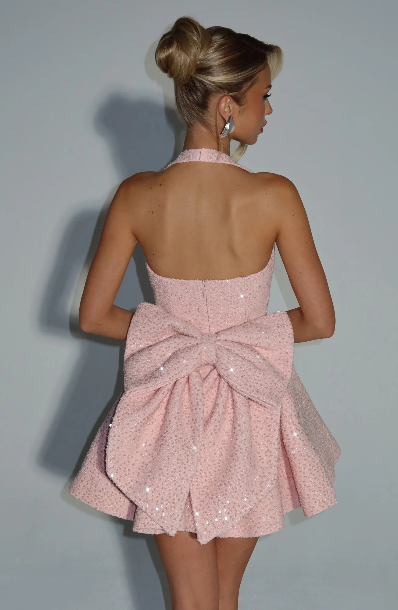Sequin Tweed Halterneck Mini Dress in Blush