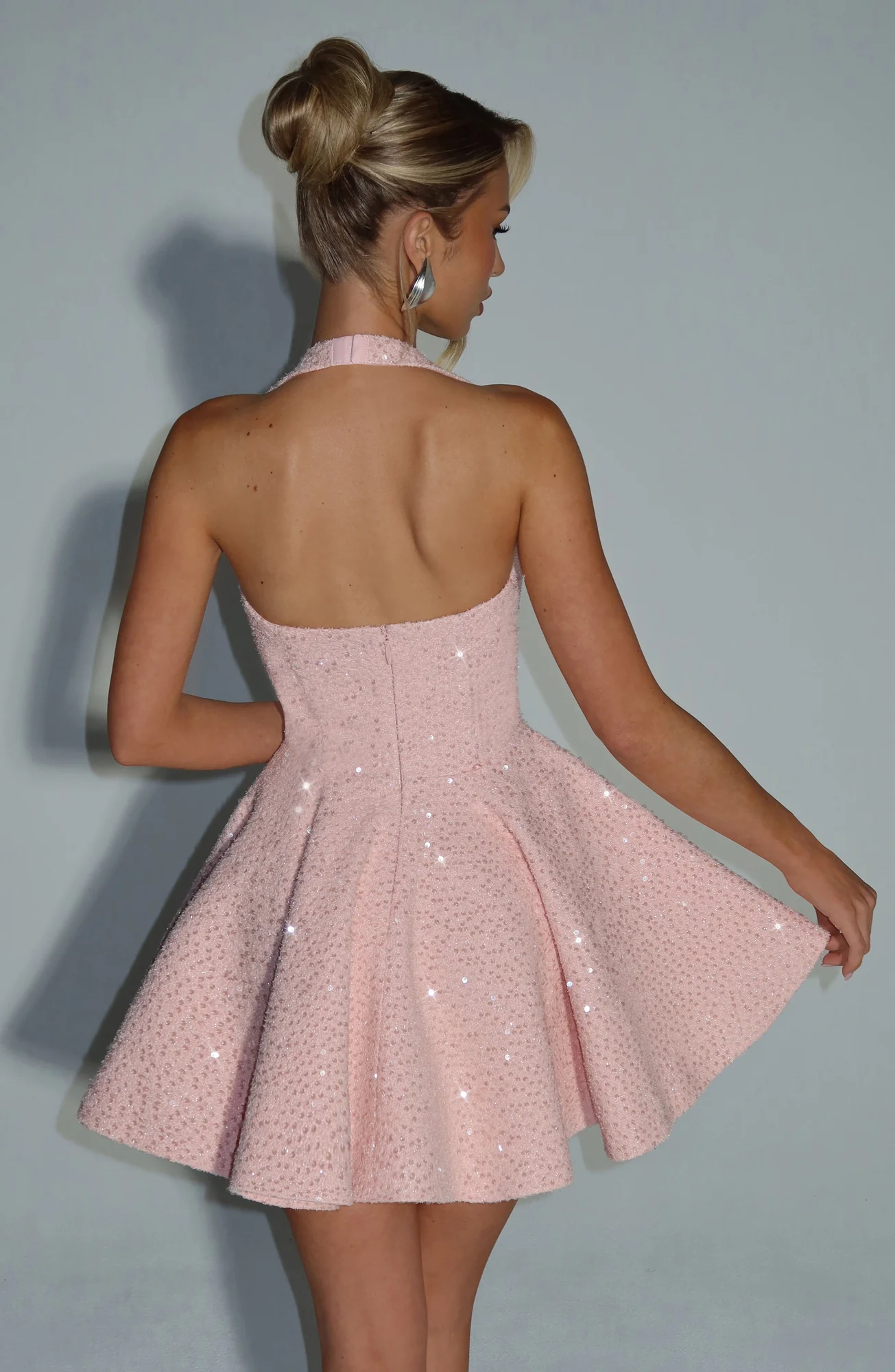 Sequin Tweed Halterneck Mini Dress in Blush