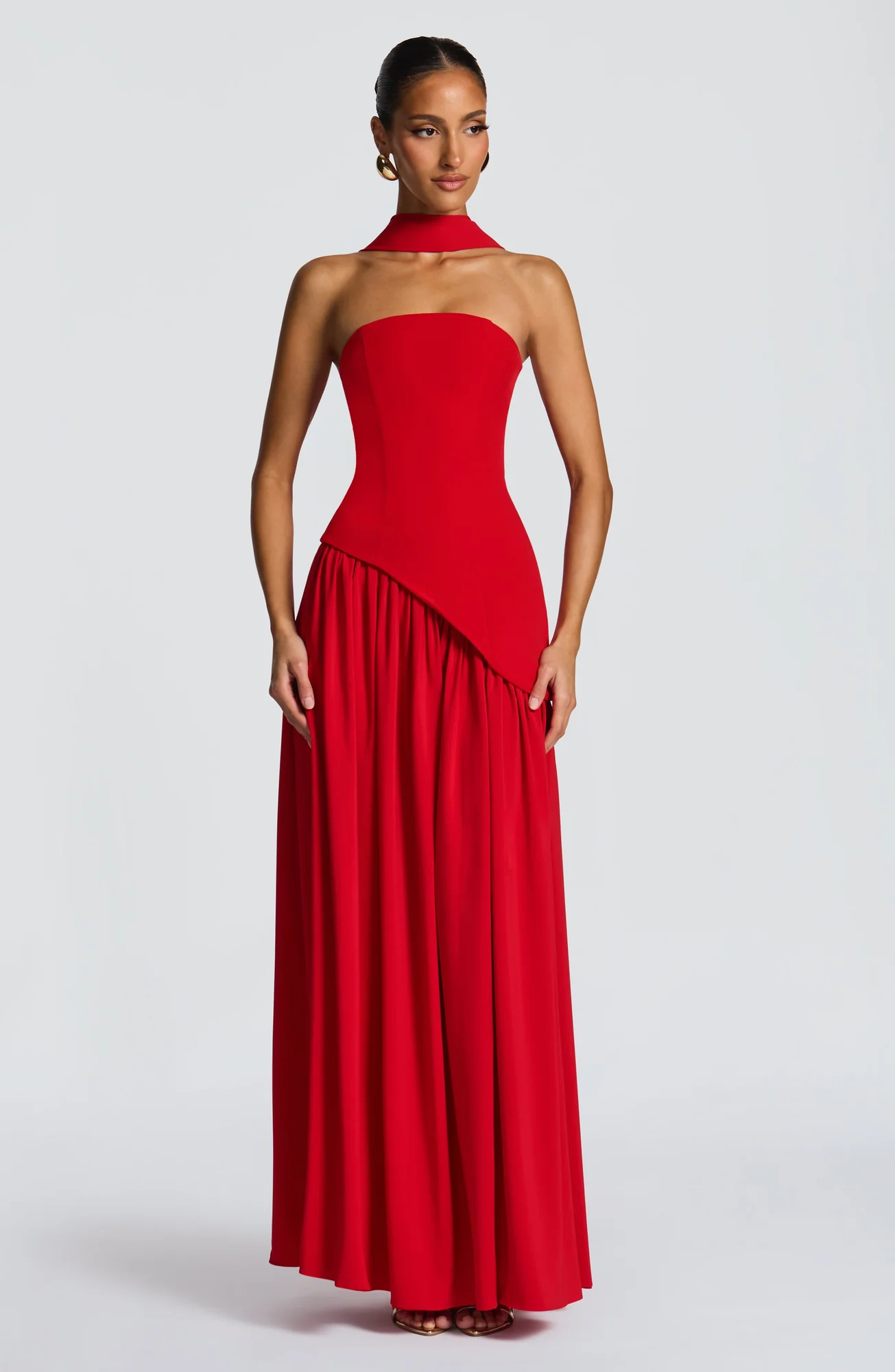 Red Chiffon Asymmetrical Hem Maxi Dress with Lace-Up Back