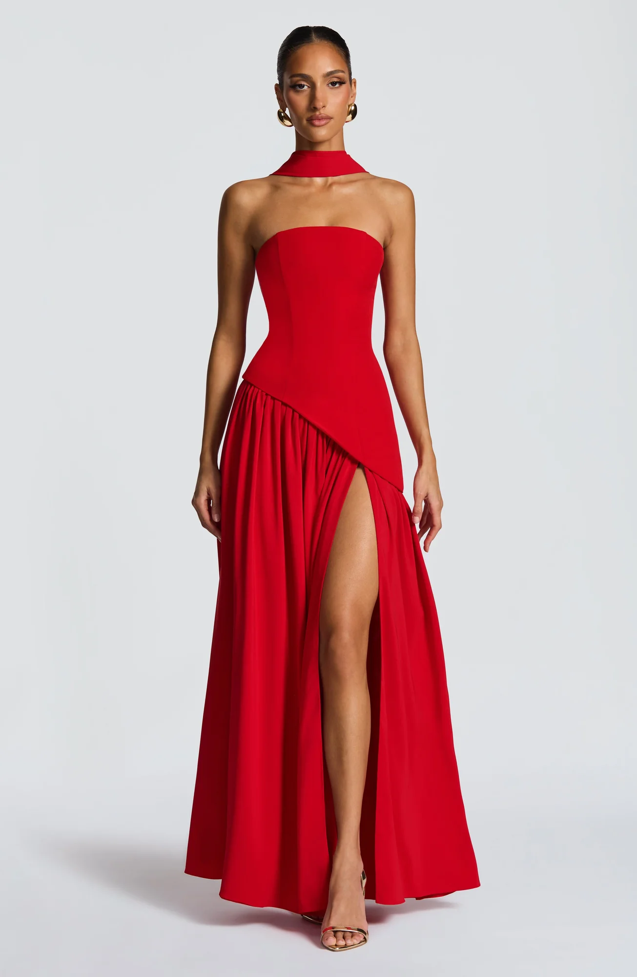 Red Chiffon Asymmetrical Hem Maxi Dress with Lace-Up Back