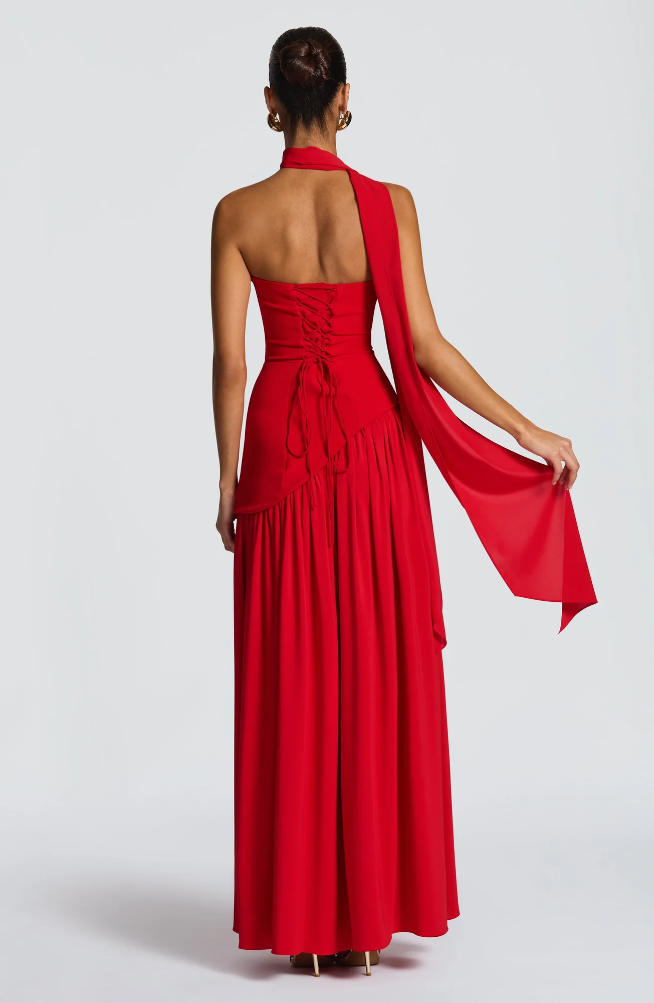 Red Chiffon Asymmetrical Hem Maxi Dress with Lace-Up Back