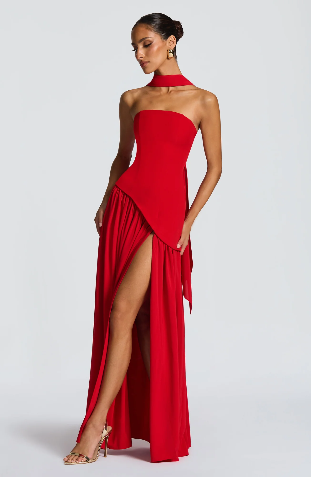 Red Chiffon Asymmetrical Hem Maxi Dress with Lace-Up Back