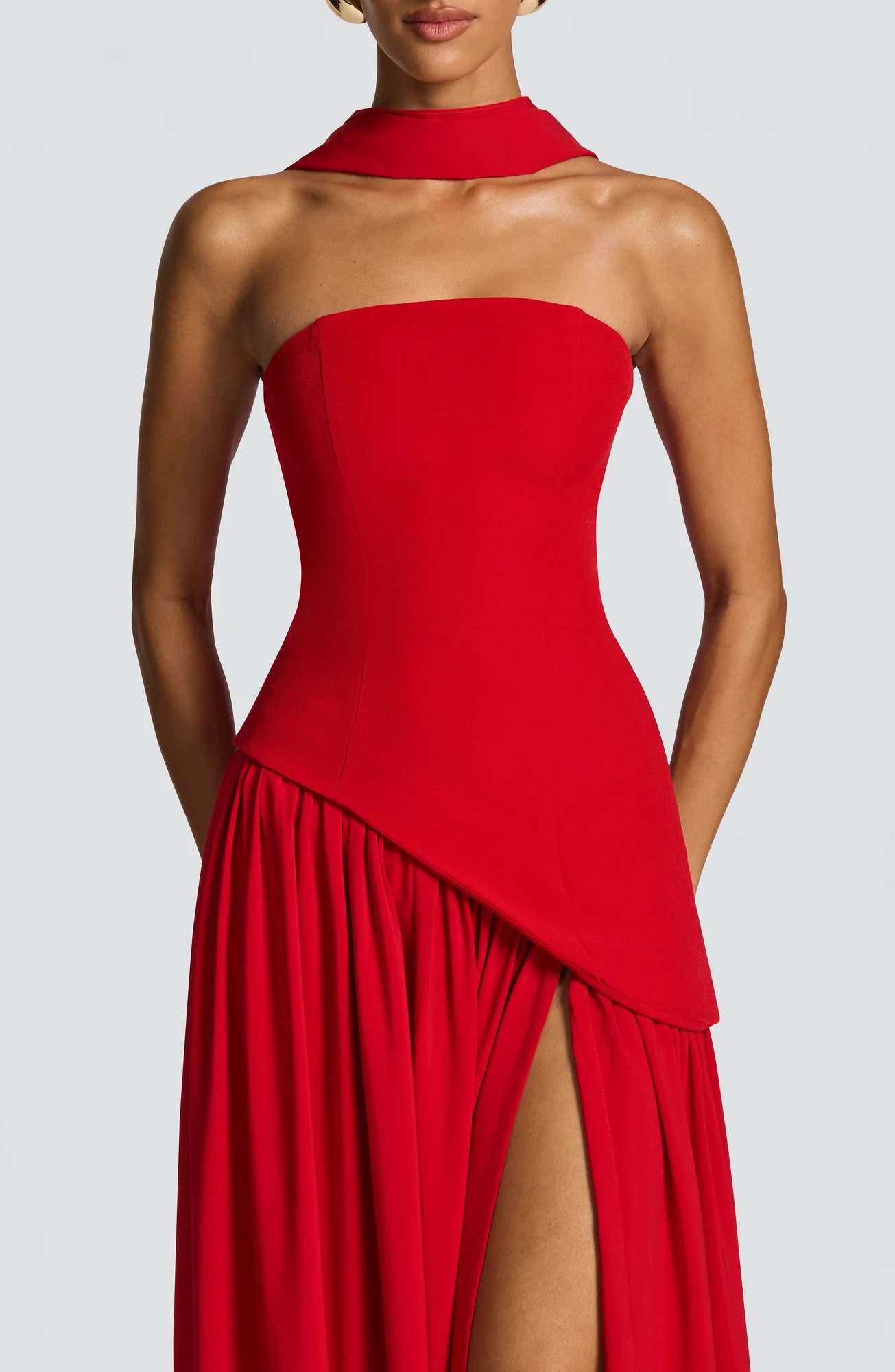 Red Chiffon Asymmetrical Hem Maxi Dress with Lace-Up Back