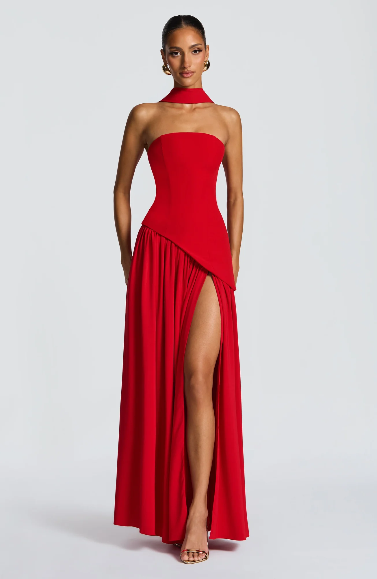 Red Chiffon Asymmetrical Hem Maxi Dress with Lace-Up Back
