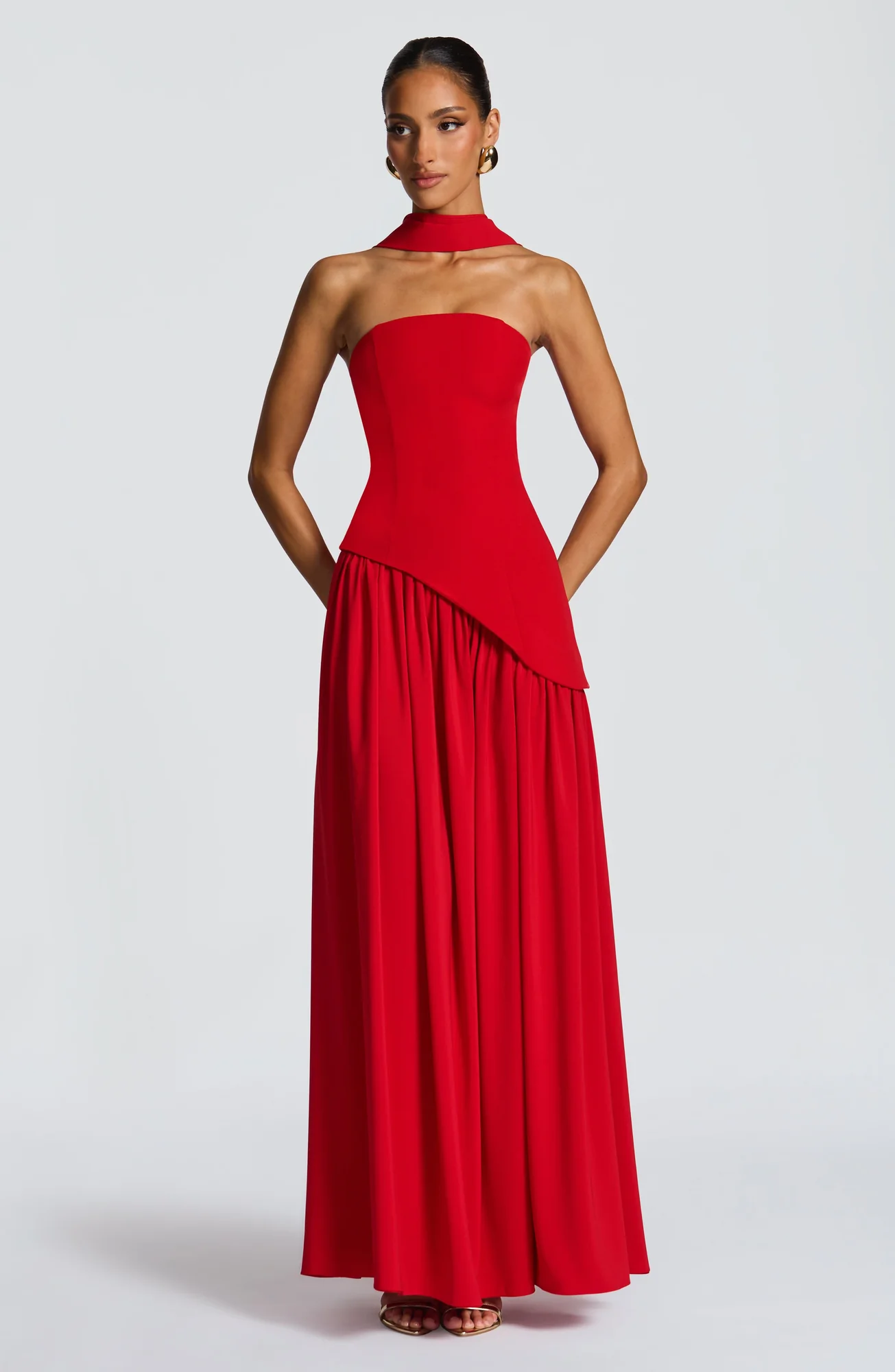 Red Chiffon Asymmetrical Hem Maxi Dress with Lace-Up Back