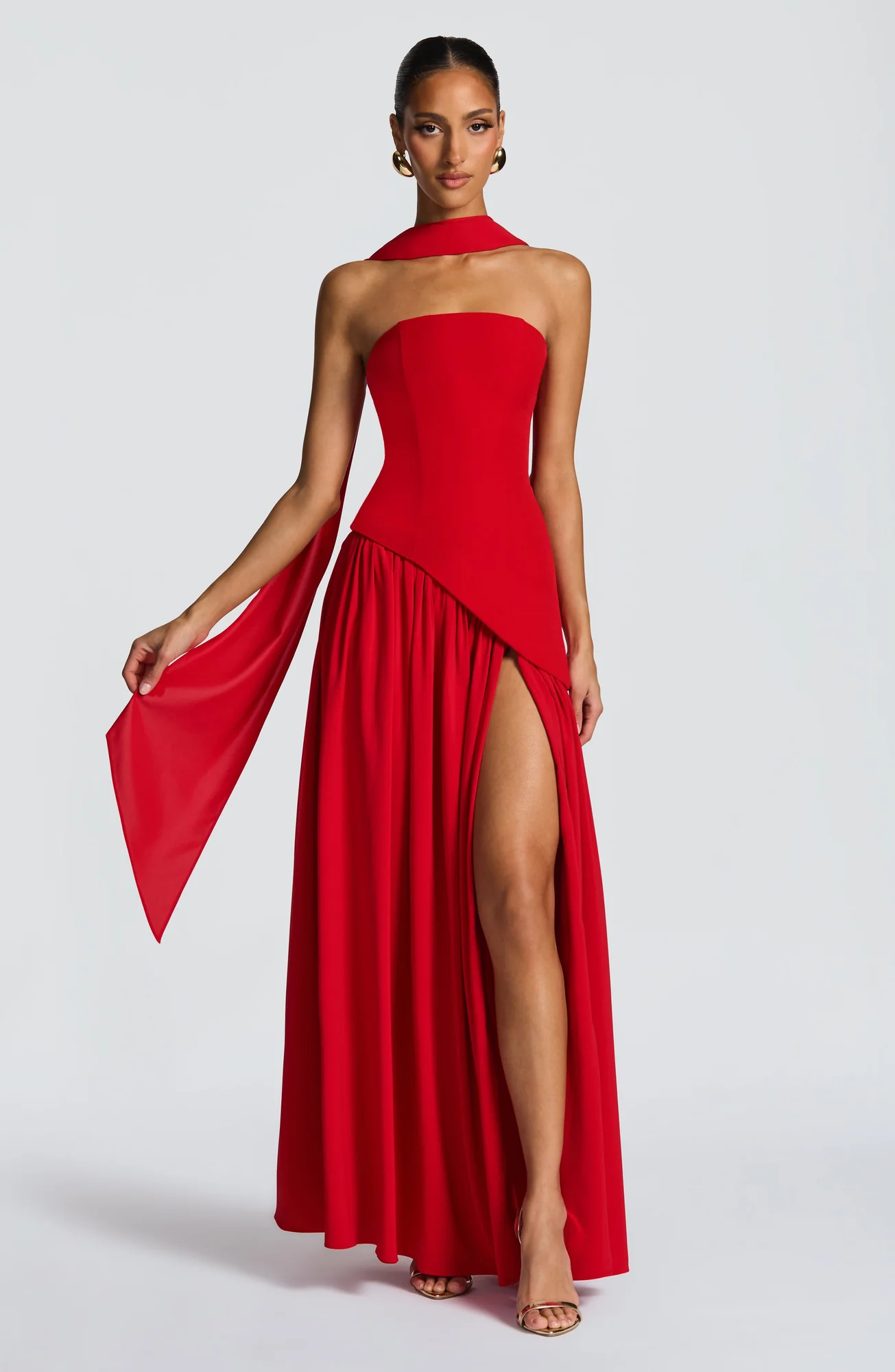 Red Chiffon Asymmetrical Hem Maxi Dress with Lace-Up Back