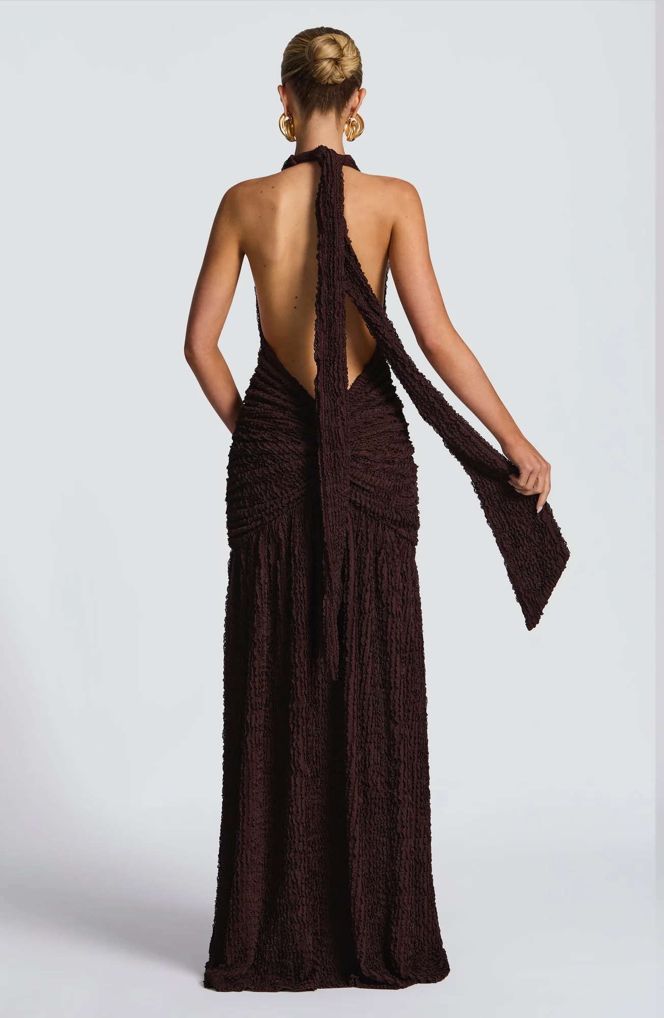 Plum Brown Textured Maxi Dress with Halterneck Straps