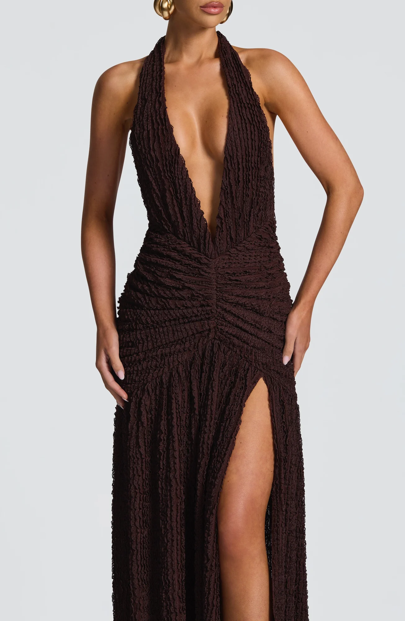 Plum Brown Textured Maxi Dress with Halterneck Straps