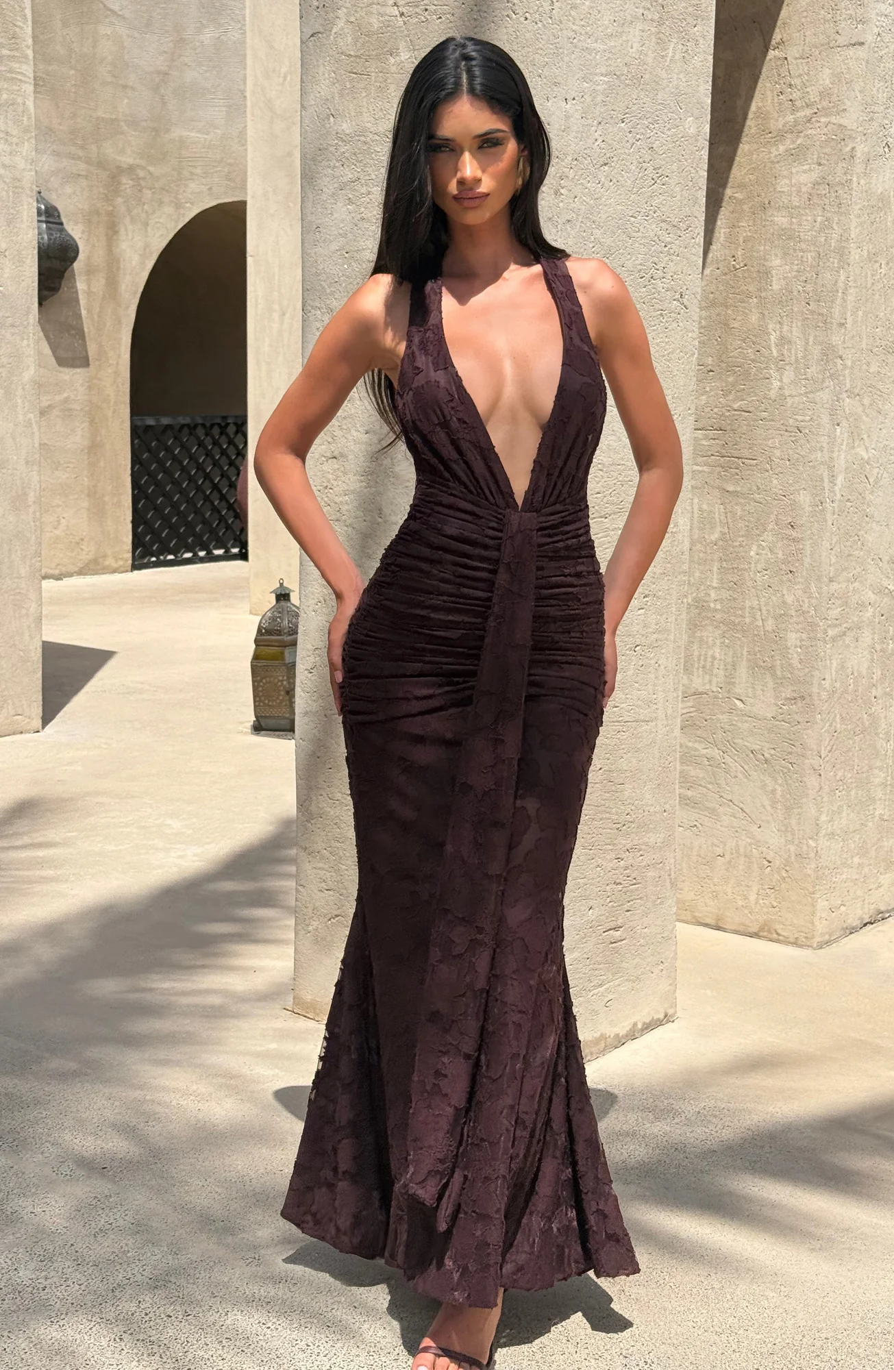 Plum Brown Floral Burnout Maxi Dress - Elegant Halter Neckline