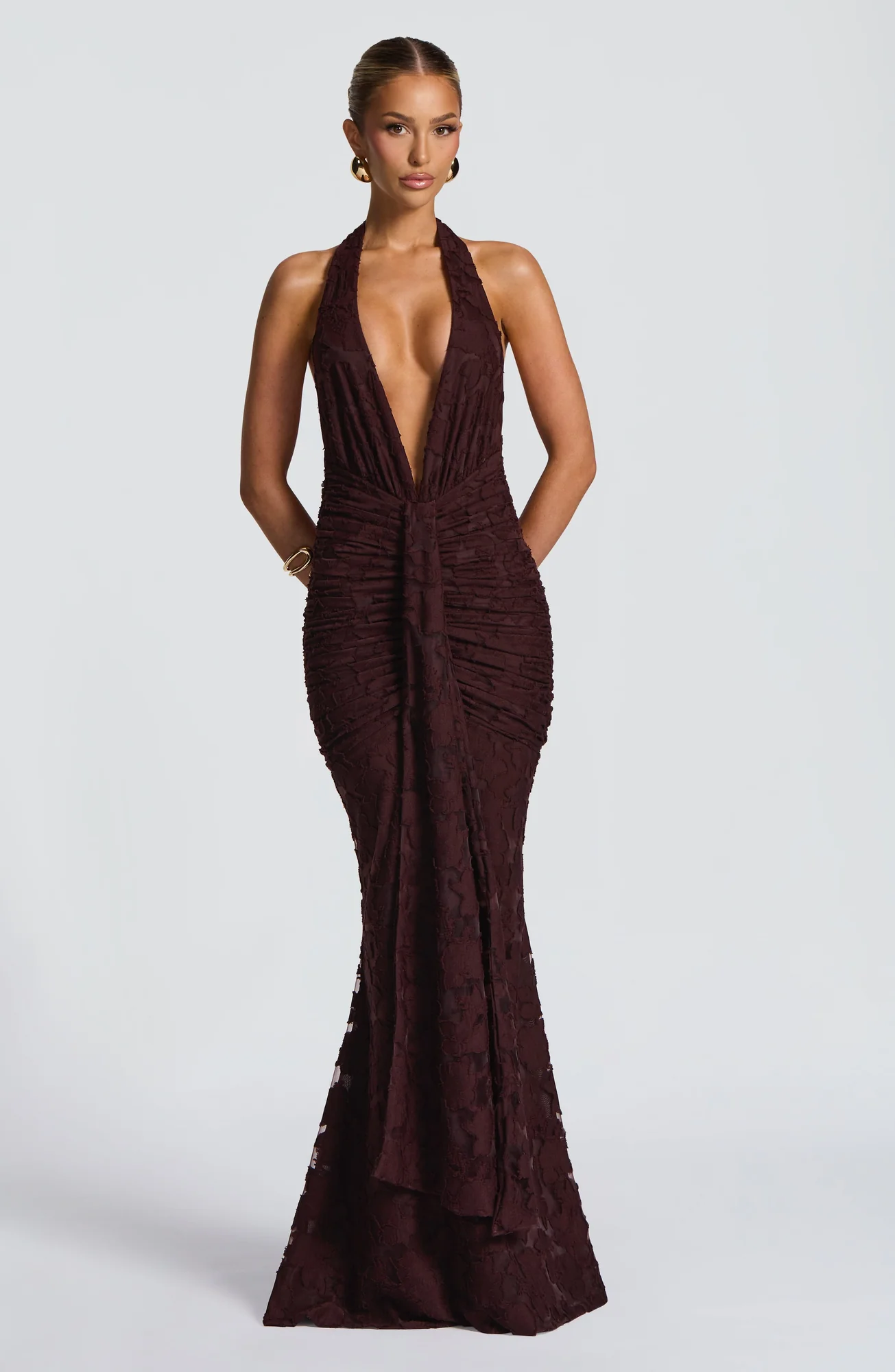Plum Brown Floral Burnout Maxi Dress - Elegant Halter Neckline