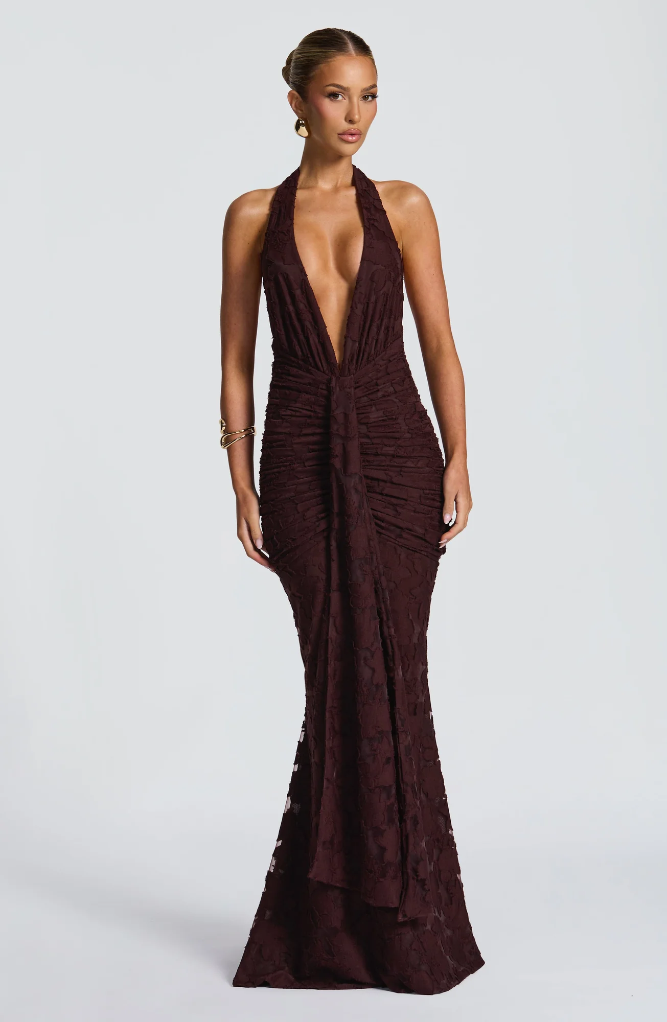 Plum Brown Floral Burnout Maxi Dress - Elegant Halter Neckline