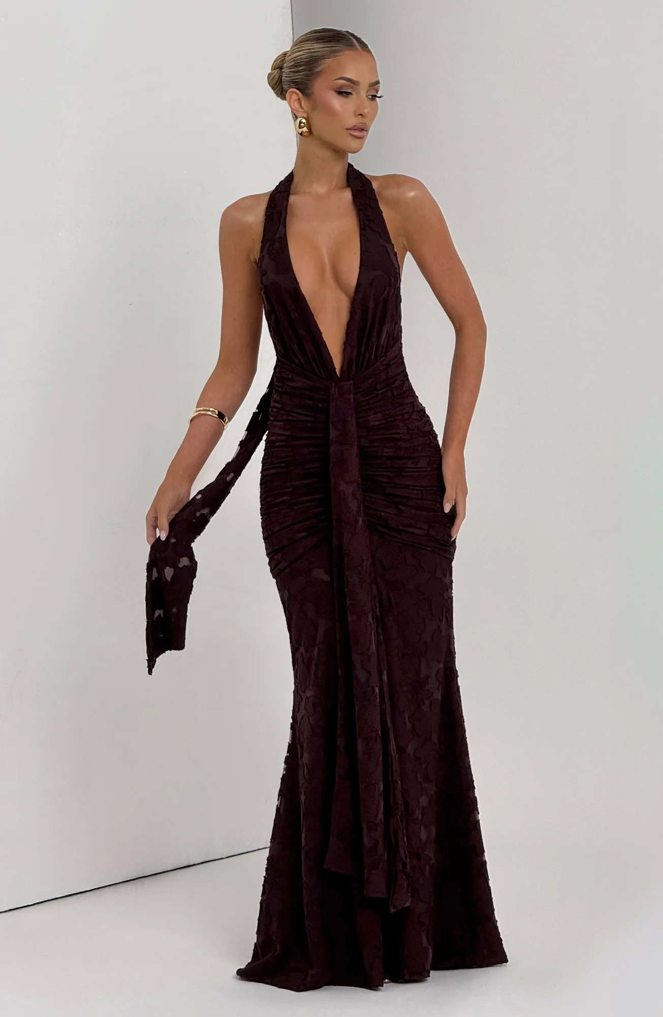 Plum Brown Floral Burnout Maxi Dress - Elegant Halter Neckline