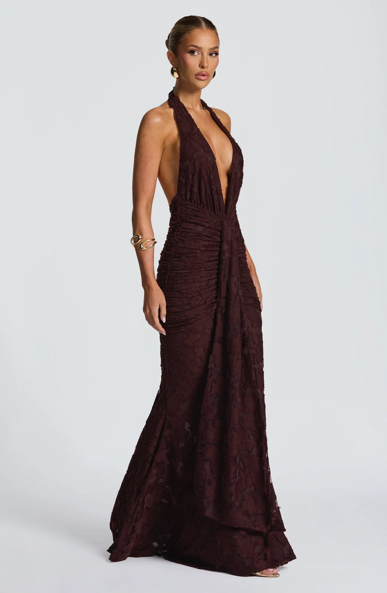 Plum Brown Floral Burnout Maxi Dress - Elegant Halter Neckline
