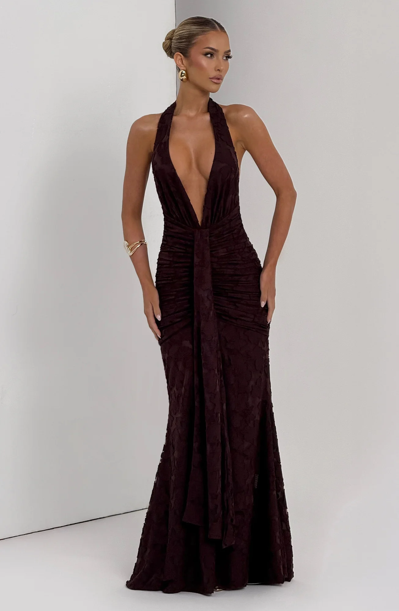 Plum Brown Floral Burnout Maxi Dress - Elegant Halter Neckline