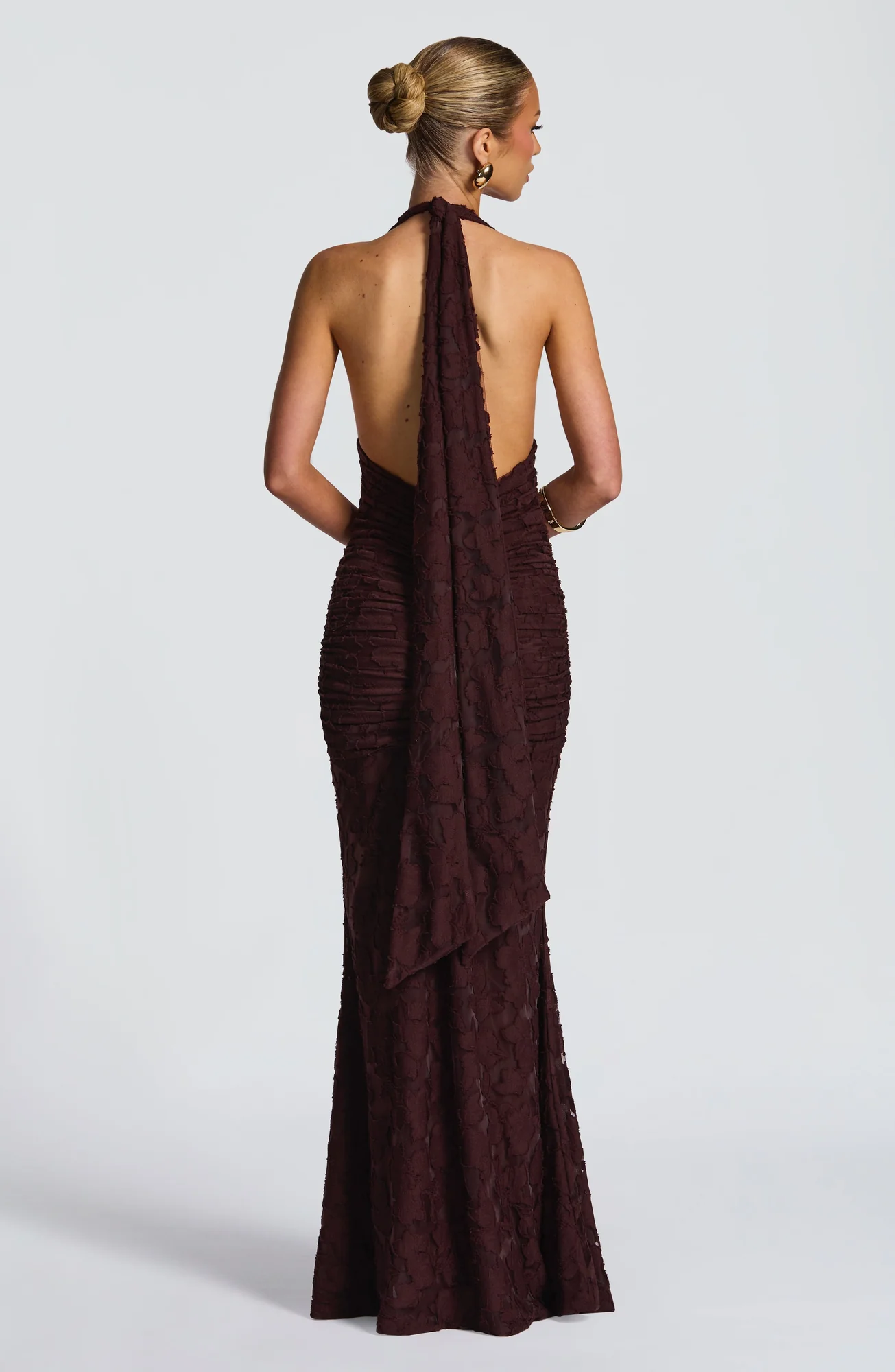 Plum Brown Floral Burnout Maxi Dress - Elegant Halter Neckline