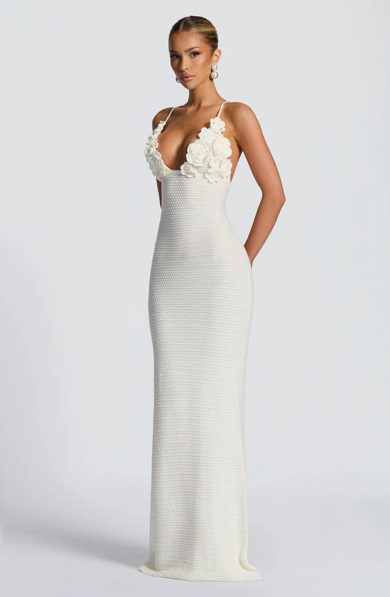 Ivory Crochet Maxi Dress - Elegant Floral Column Silhouette
