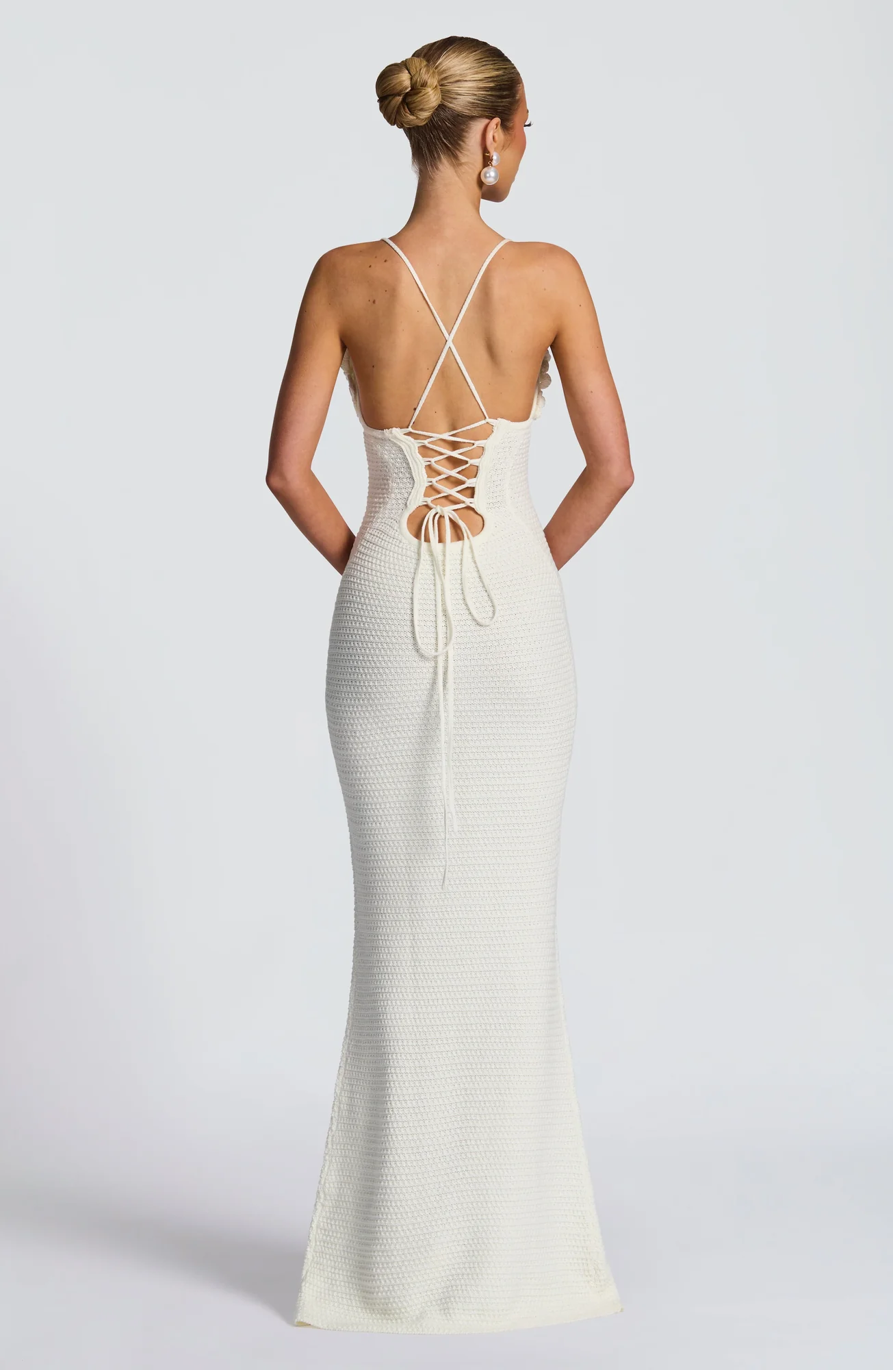 Ivory Crochet Maxi Dress - Elegant Floral Column Silhouette