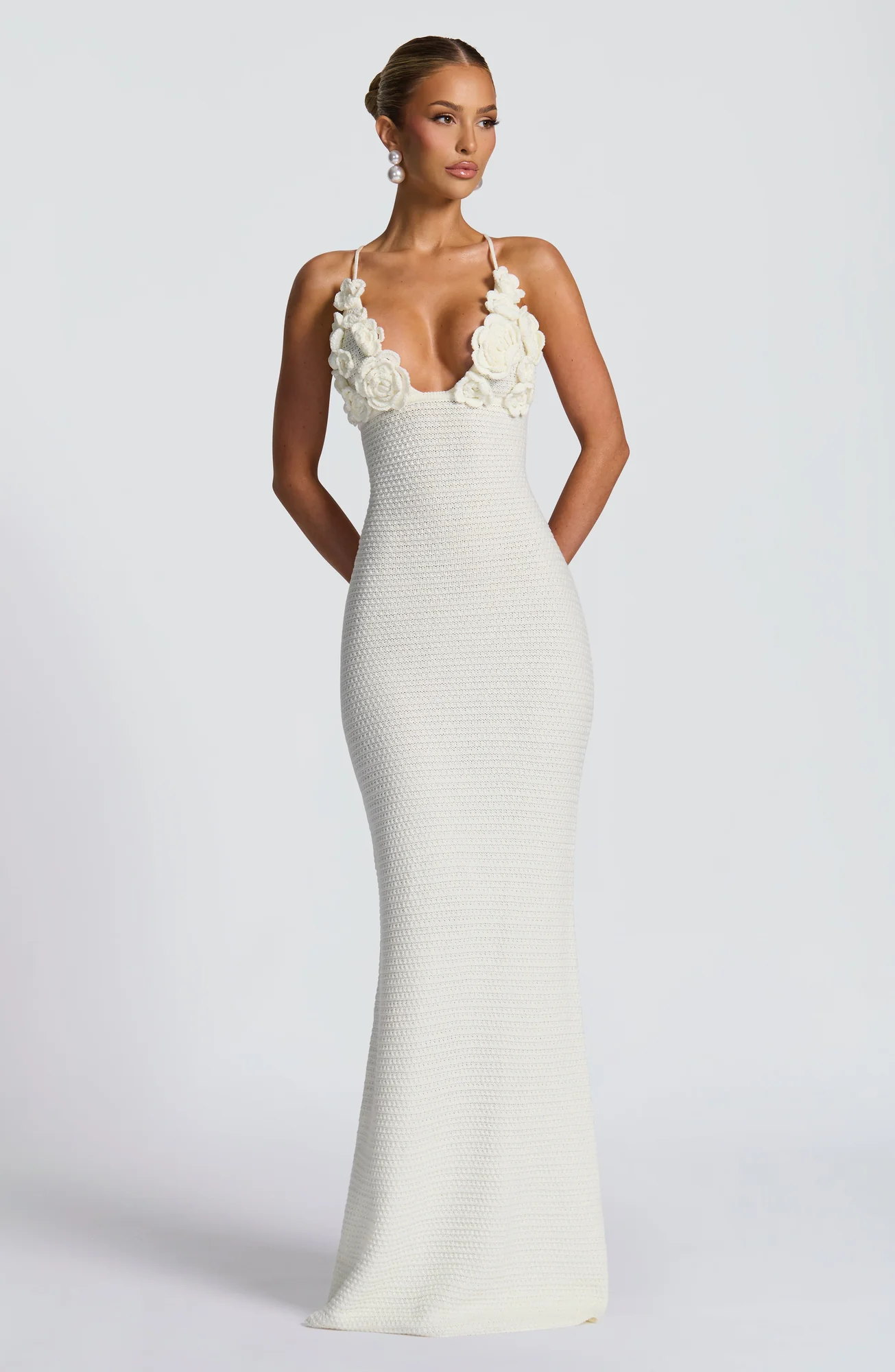 Ivory Crochet Maxi Dress - Elegant Floral Column Silhouette
