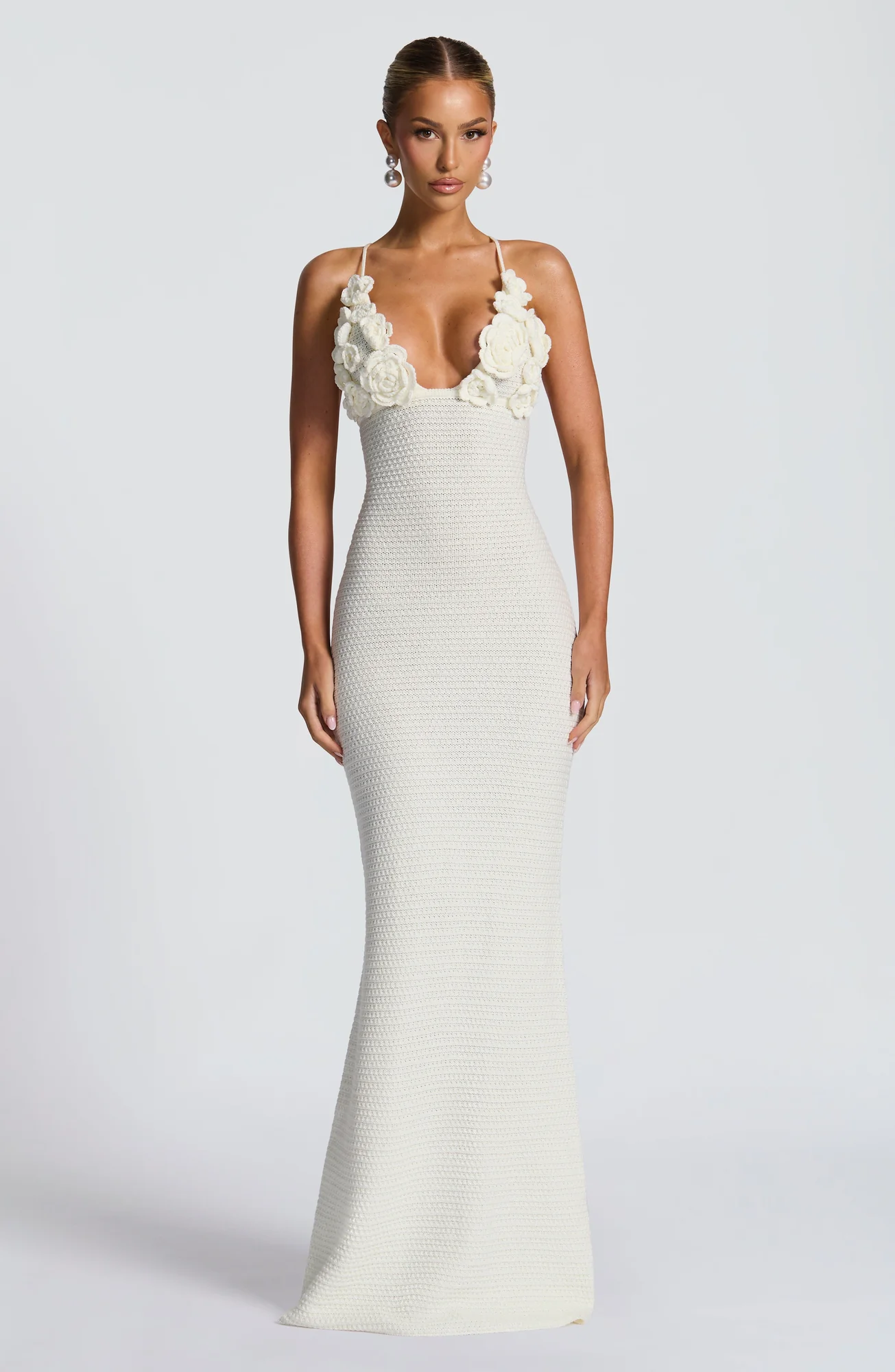 Ivory Crochet Maxi Dress - Elegant Floral Column Silhouette