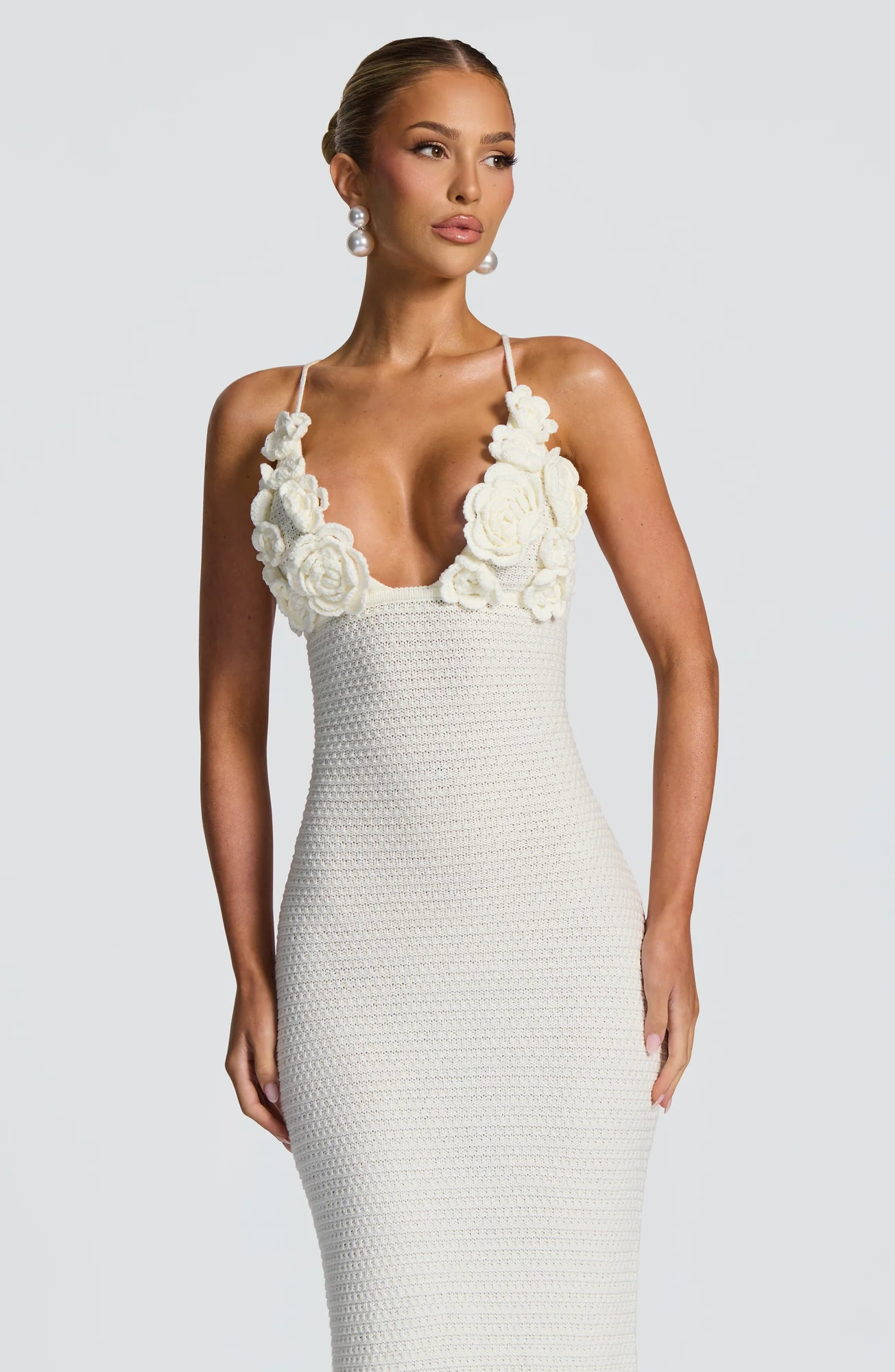 Ivory Crochet Maxi Dress - Elegant Floral Column Silhouette