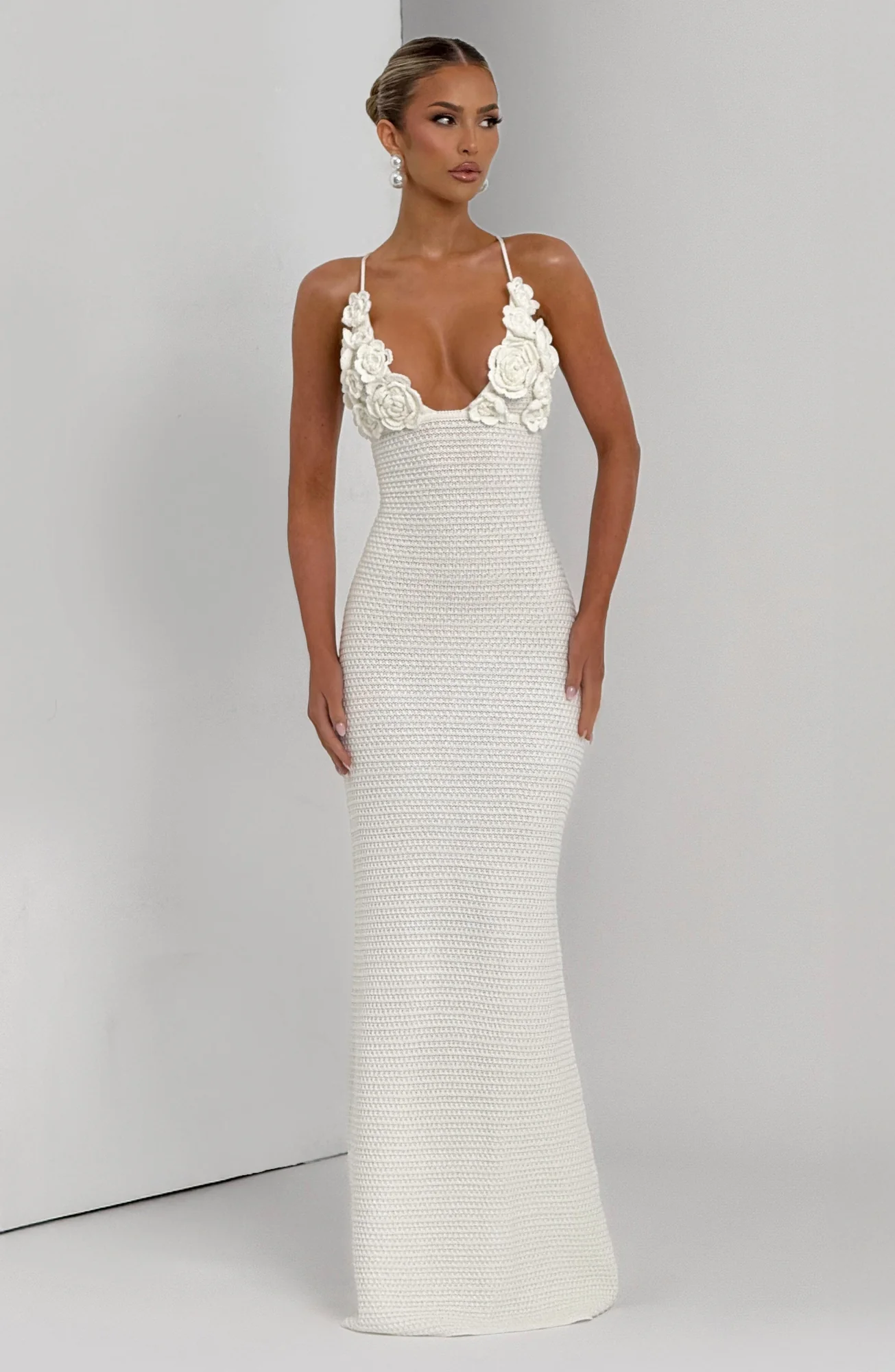 Ivory Crochet Maxi Dress - Elegant Floral Column Silhouette