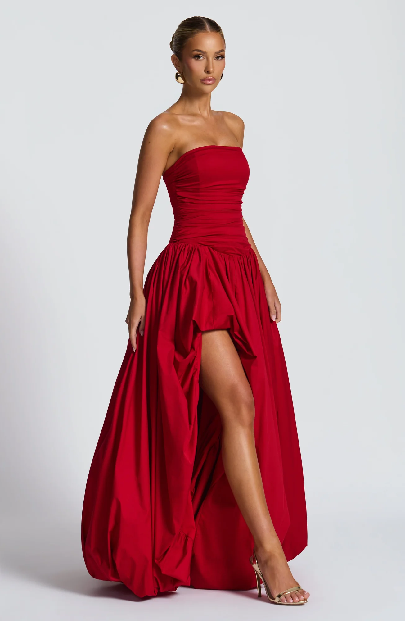 Red Strapless Maxi Dress with Puff Ball Skirt
