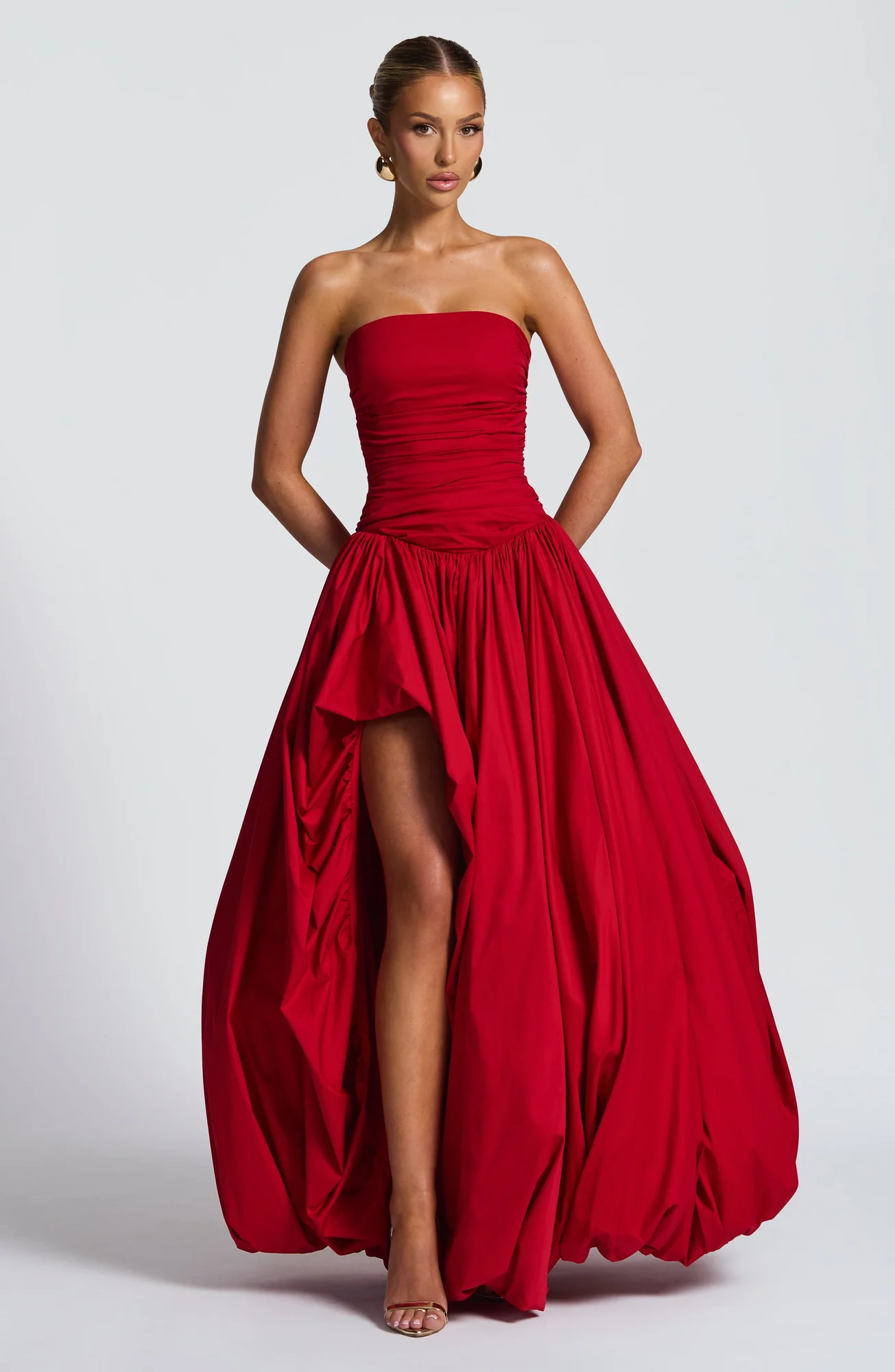 Red Strapless Maxi Dress with Puff Ball Skirt