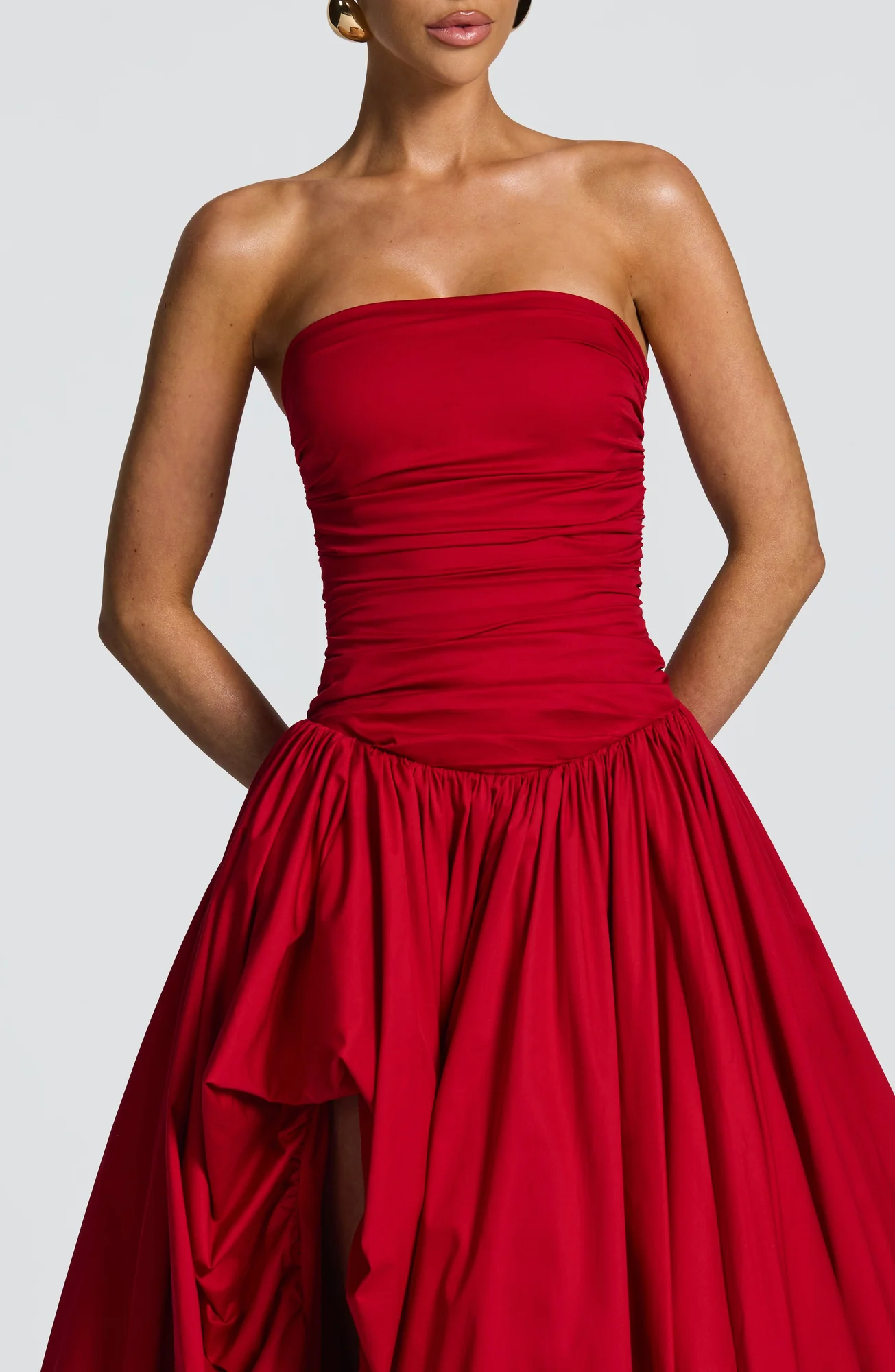 Red Strapless Maxi Dress with Puff Ball Skirt