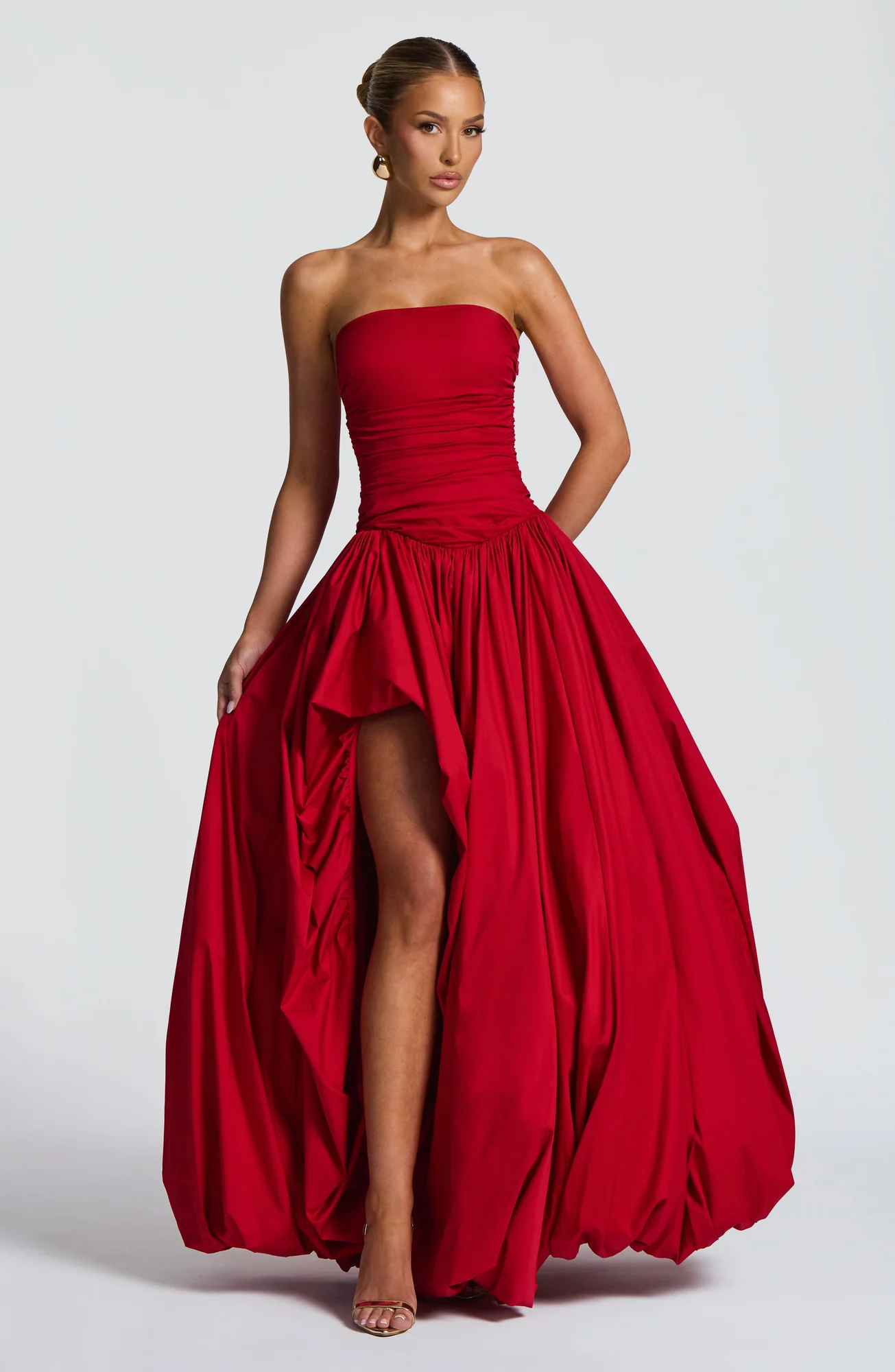 Red Strapless Maxi Dress with Puff Ball Skirt