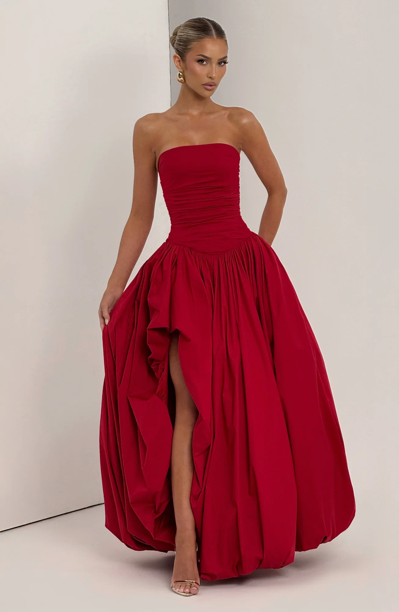 Red Strapless Maxi Dress with Puff Ball Skirt