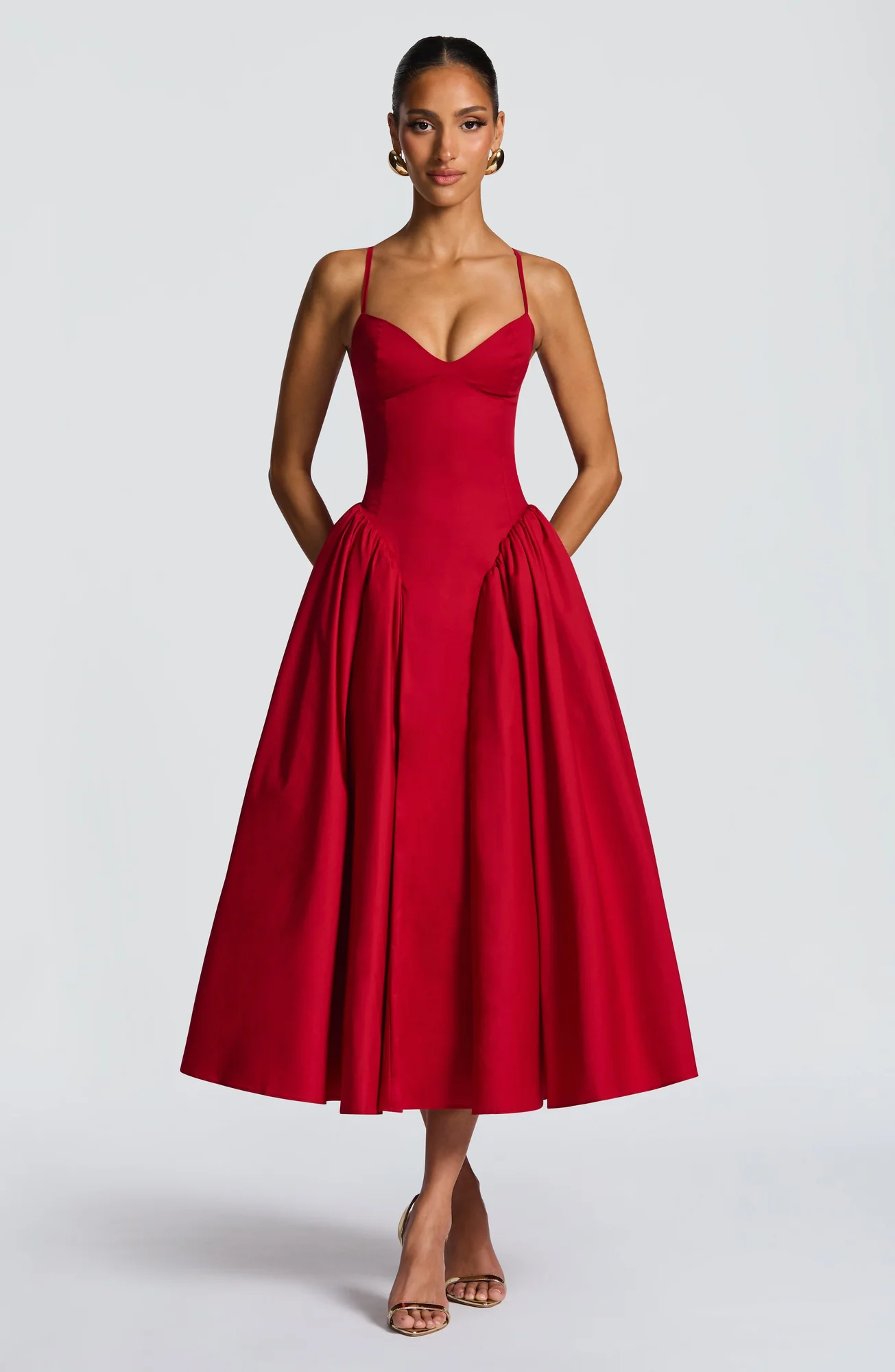 Red Sweetheart Neckline Midi Dress - Elegant Red Dress
