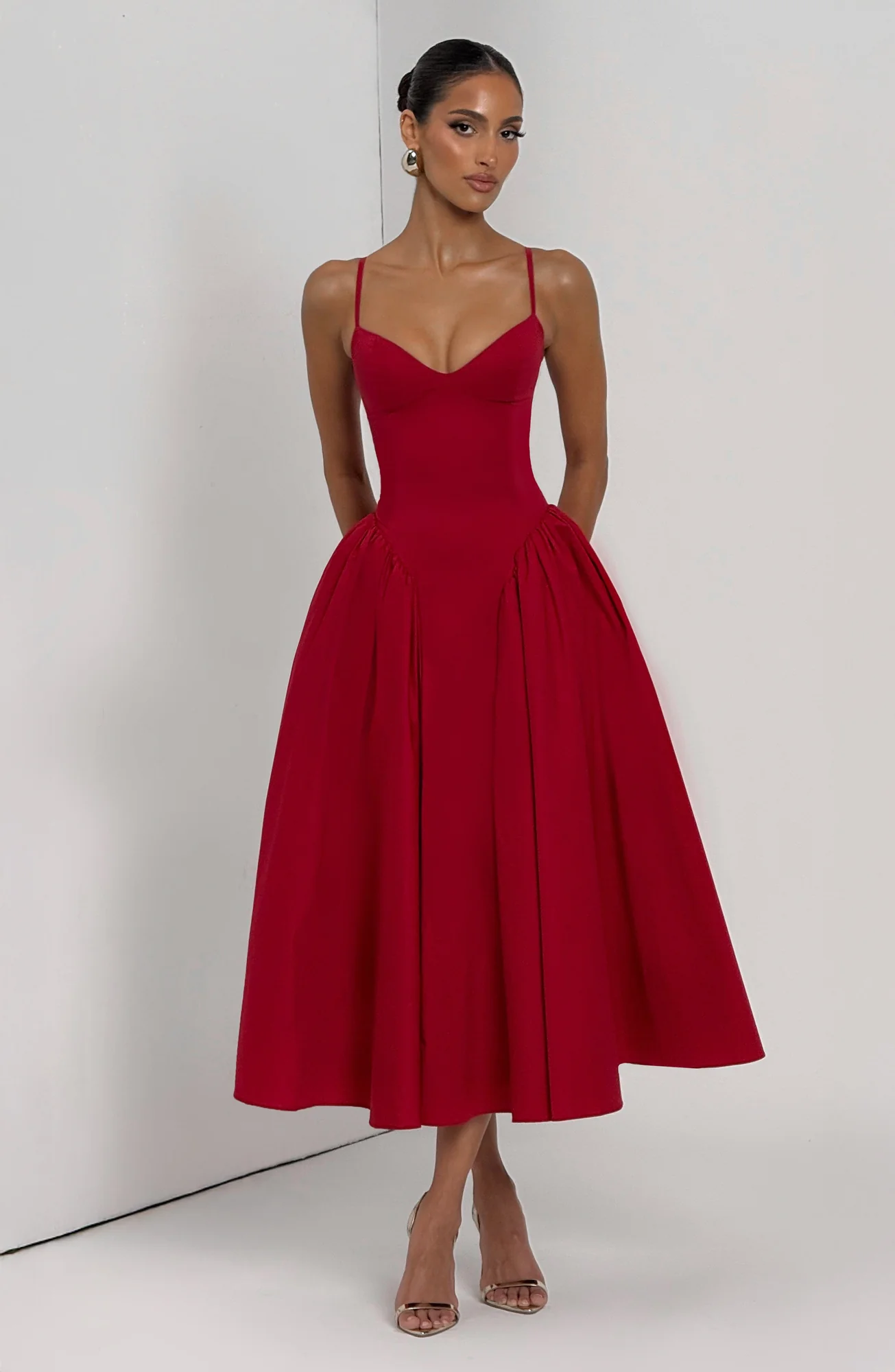 Red Sweetheart Neckline Midi Dress - Elegant Red Dress