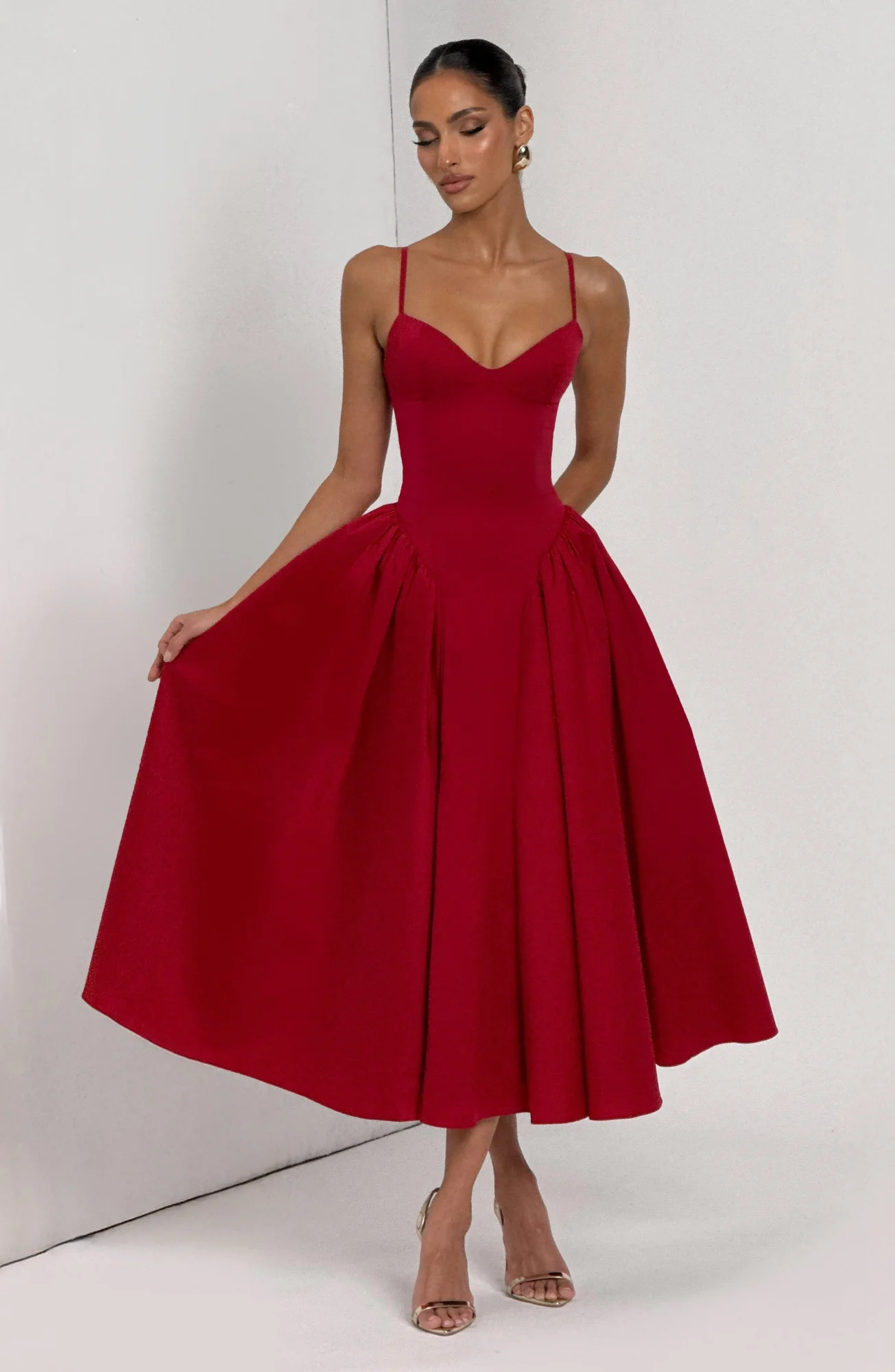 Red Sweetheart Neckline Midi Dress - Elegant Red Dress