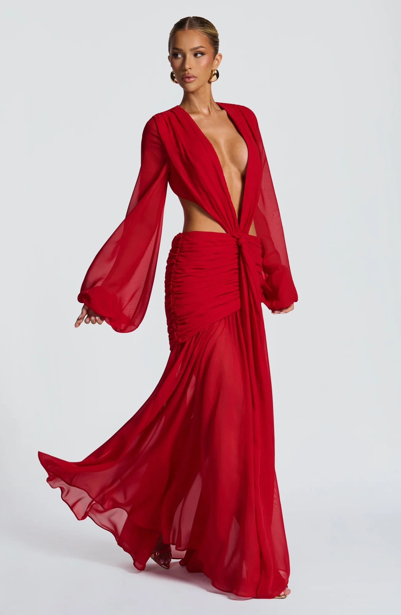 Red Chiffon Maxi Dress with Sheer Sleeves - Elegant Design