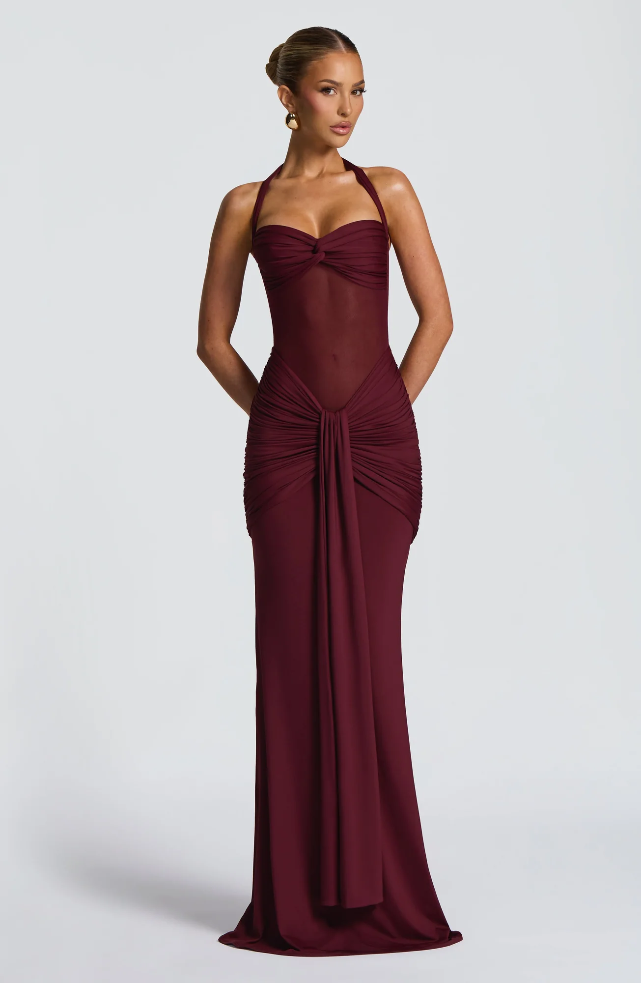 Cherry Lacquer Fit-and-Flare Maxi Dress - Sheer Mesh & Jersey Fabric