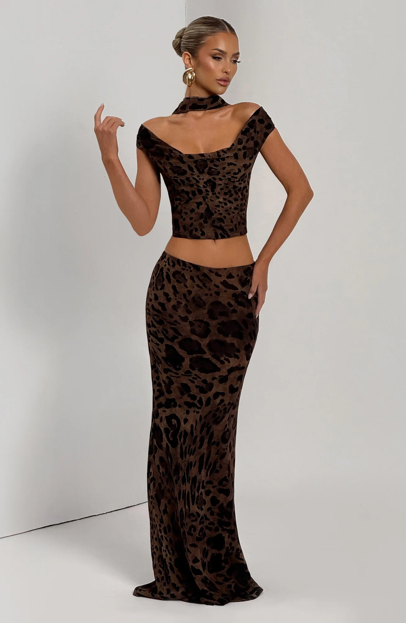 Leopard Print Maxi Skirt - Chiffon Column Shape - Mid-Rise